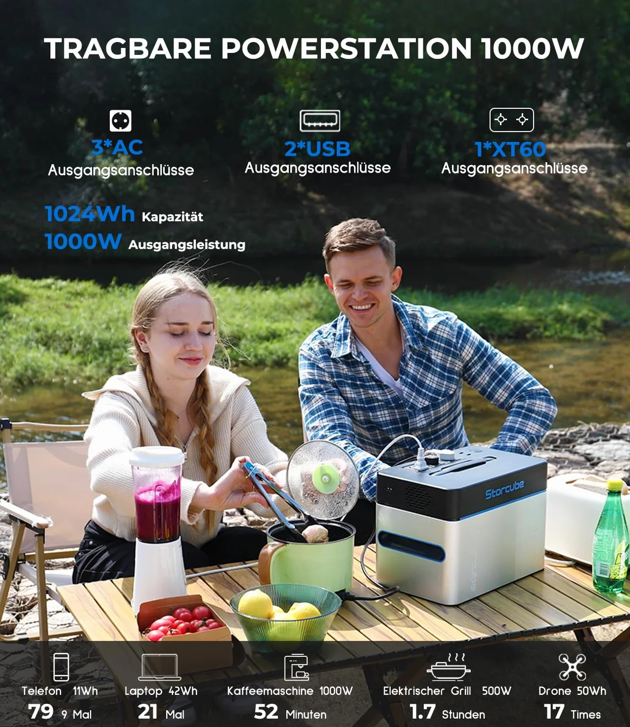 Power Hub per stazione di alimentazione portatile S1000, inverter split con 1000 W/3 prese AC, 2 porte USB, 600 W max. ingresso solare