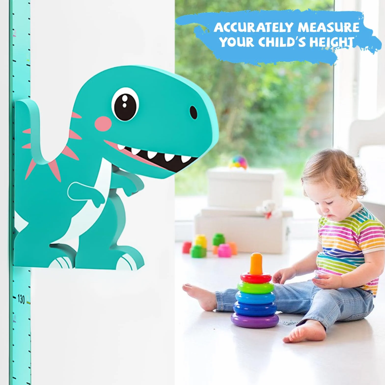 Tabella di misurazione altezza bambino: altimetro dinosauro 3D con penna lavagna bianca e metro a nastro