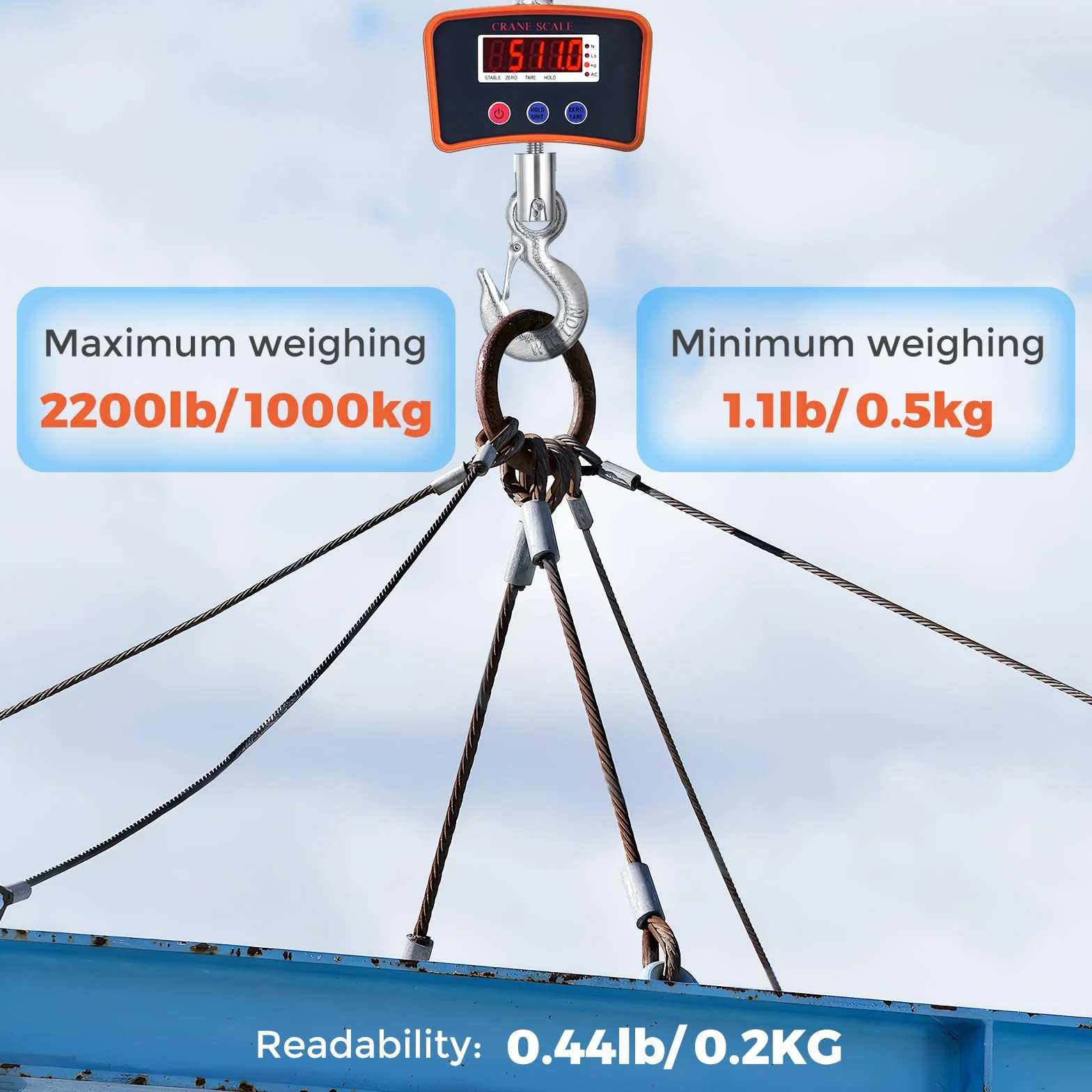 Bonvoisin Bilancia a gancio 2200lbs/1000kg, digitale appesa, industriale ricaricabile, leggibilità 0,44 lbs/0,2kg, 3 unità di peso