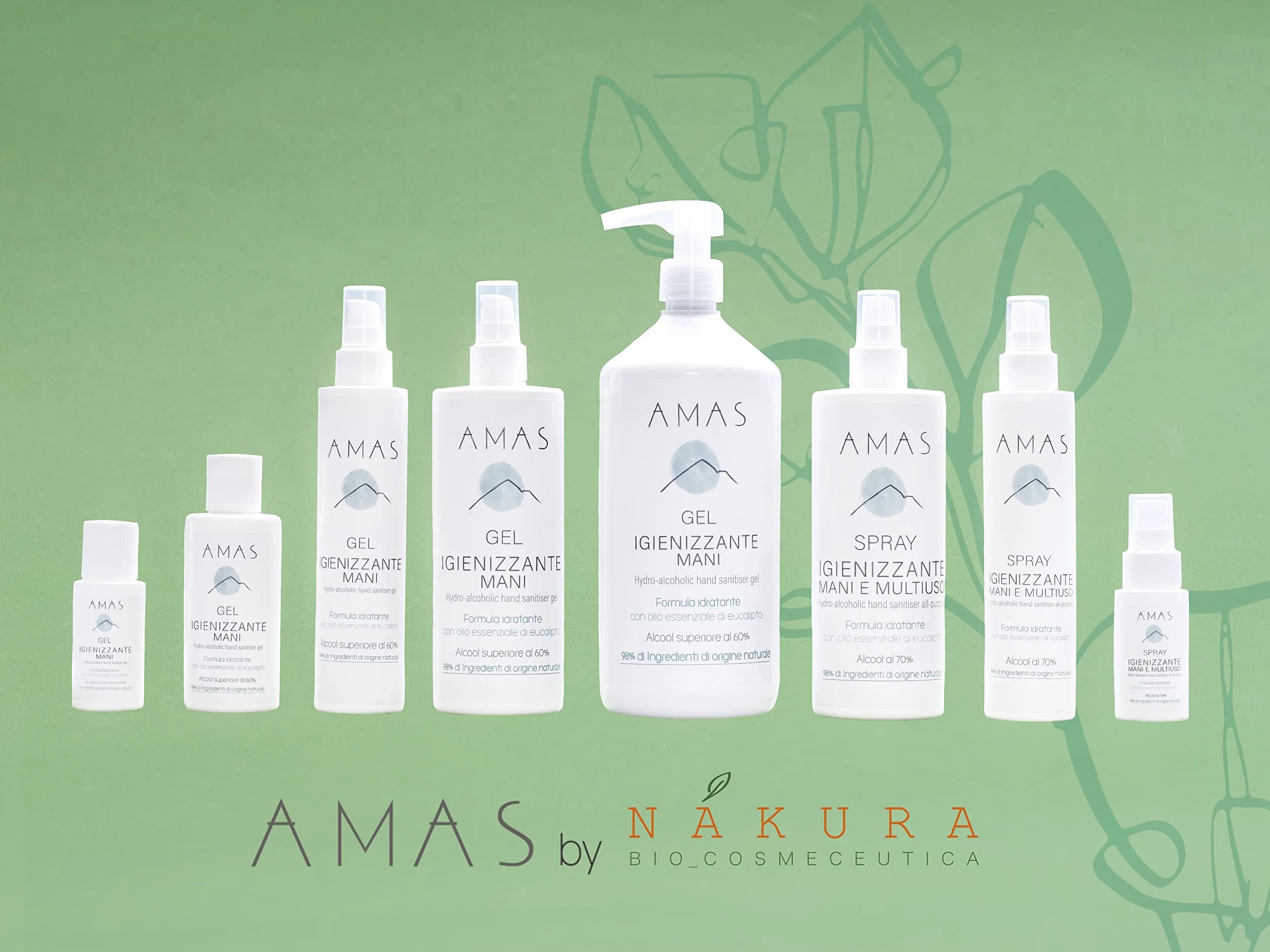 AMAS Spray Igienizzante Mani e Multiuso 98% Origine Naturale Alcool 70% Olio Essenziale di Eucalipto 50 ml