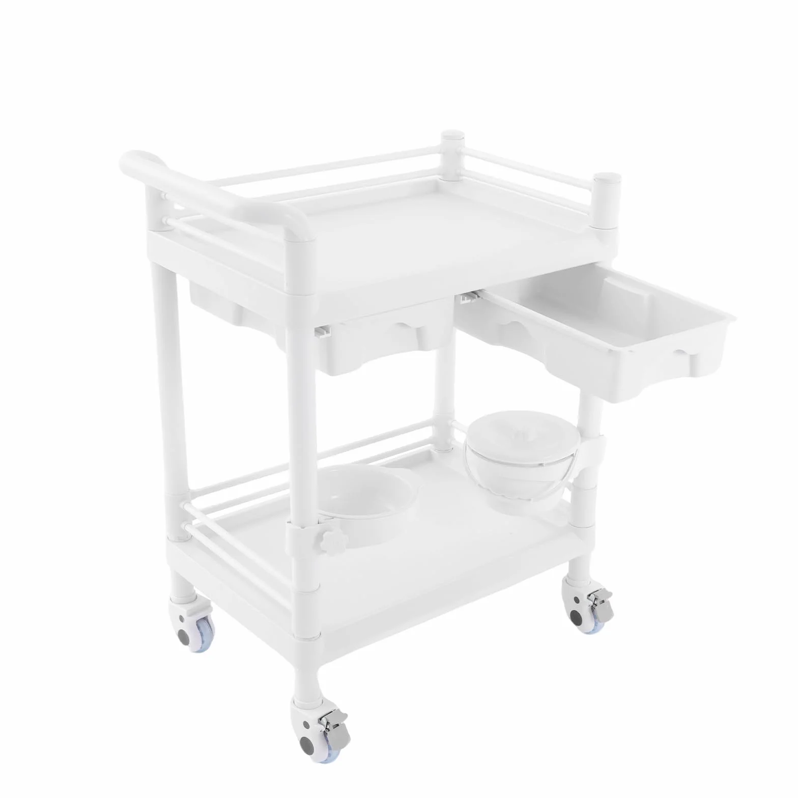 OUKANING Carrello medico con 2 cassetti e ruote dei freni, carrello da laboratorio arrotolabile in ABS, portata 90 kg, 64,5 x 44,5 x 90 cm, bianco multifunzionale per ospedale, studio cosmetico e