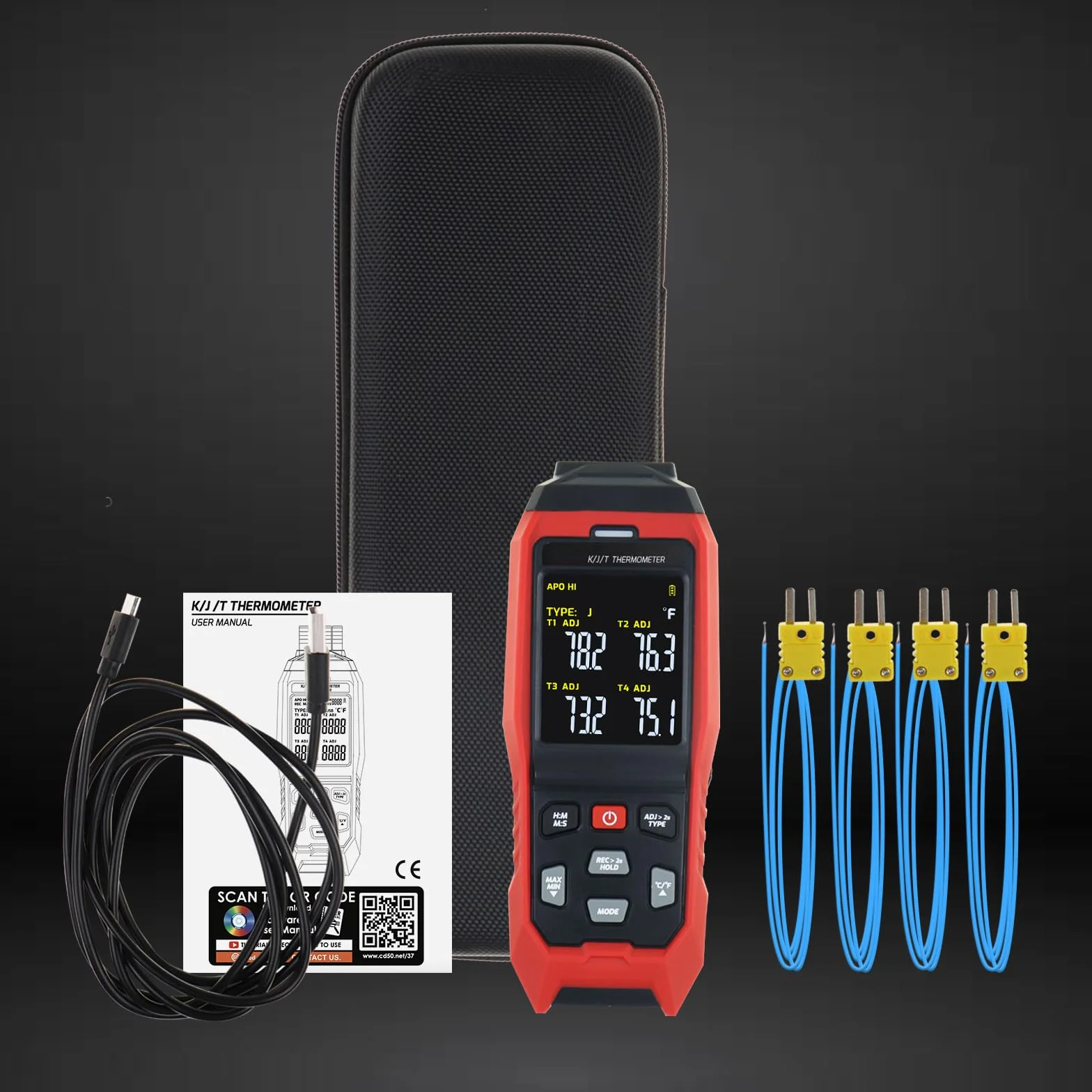 Registratore Dati Termometro a Termocoppia 4 Canali Tipo K, -328~2501°F, Allarmi Acustici Visivi
