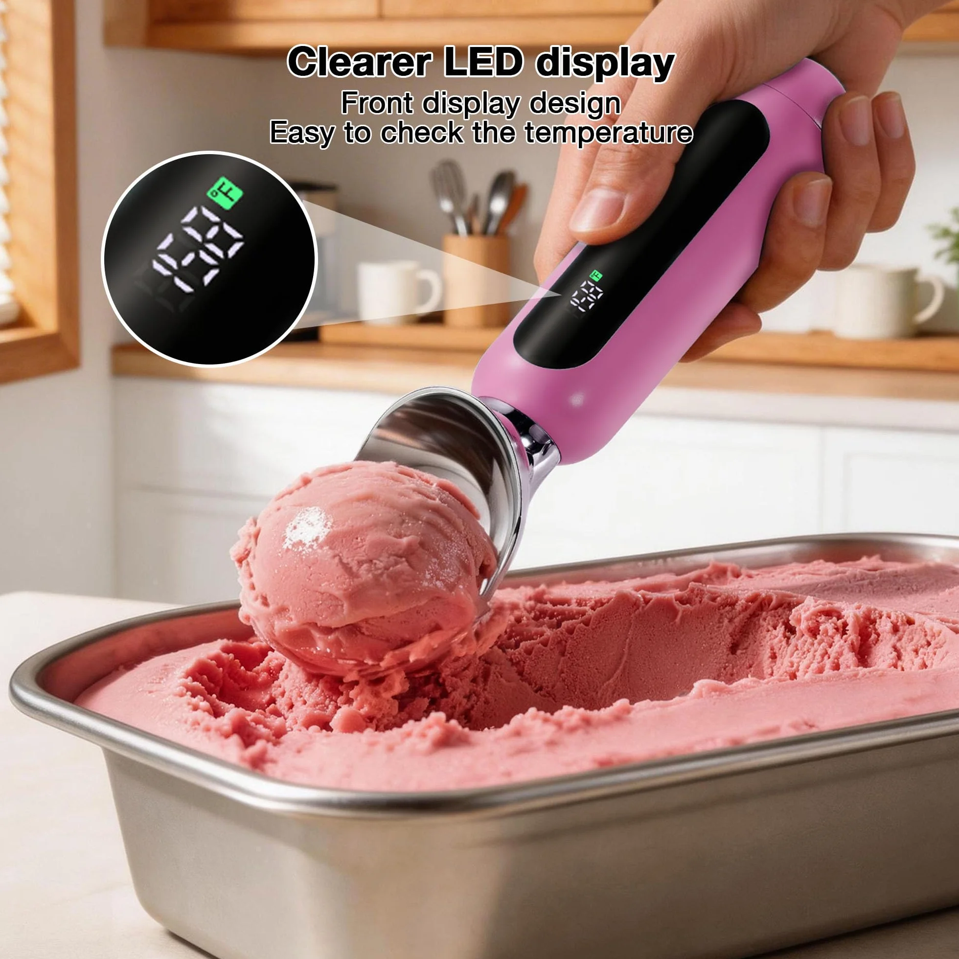 Paletta per gelato riscaldata, ricaricabile, elettrica, con display a LED, interruttore on/off, impermeabile IP67, riscalda fino a 70 °C, per gelato duro (rosa)