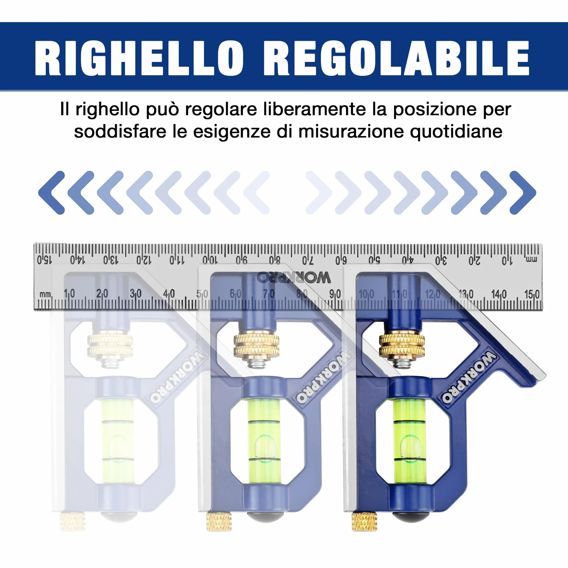 WORKPRO Set di Squadra Combinata Regolabile 150+300mm, Righello Angolo Acciaio Inossidabile con Bolla