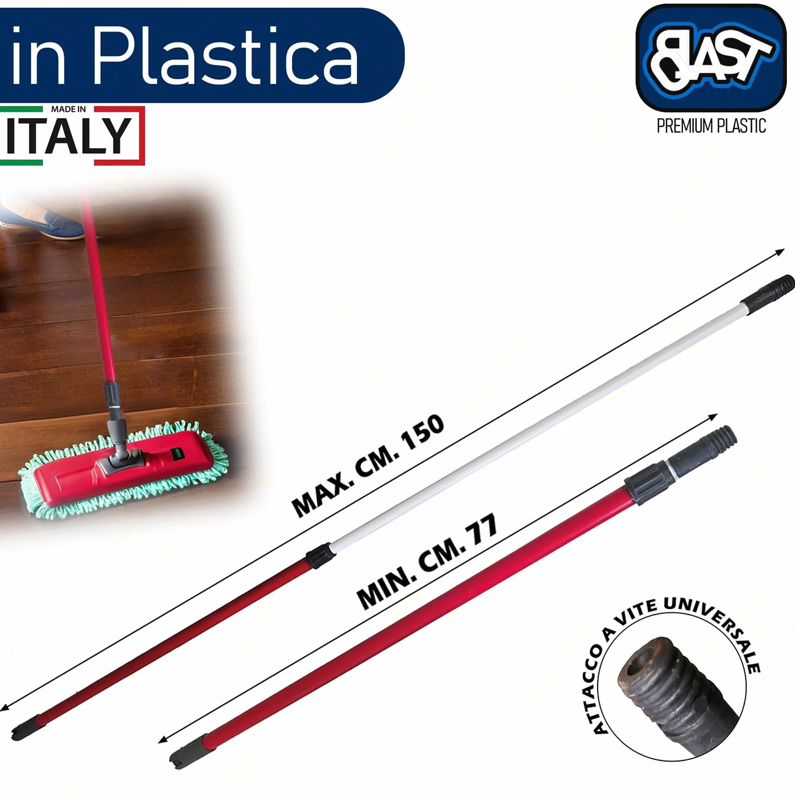 Sicignano Manico Telescopico per Scopa Universale Allungabile 77-150 cm Rosso Plastica Alluminio