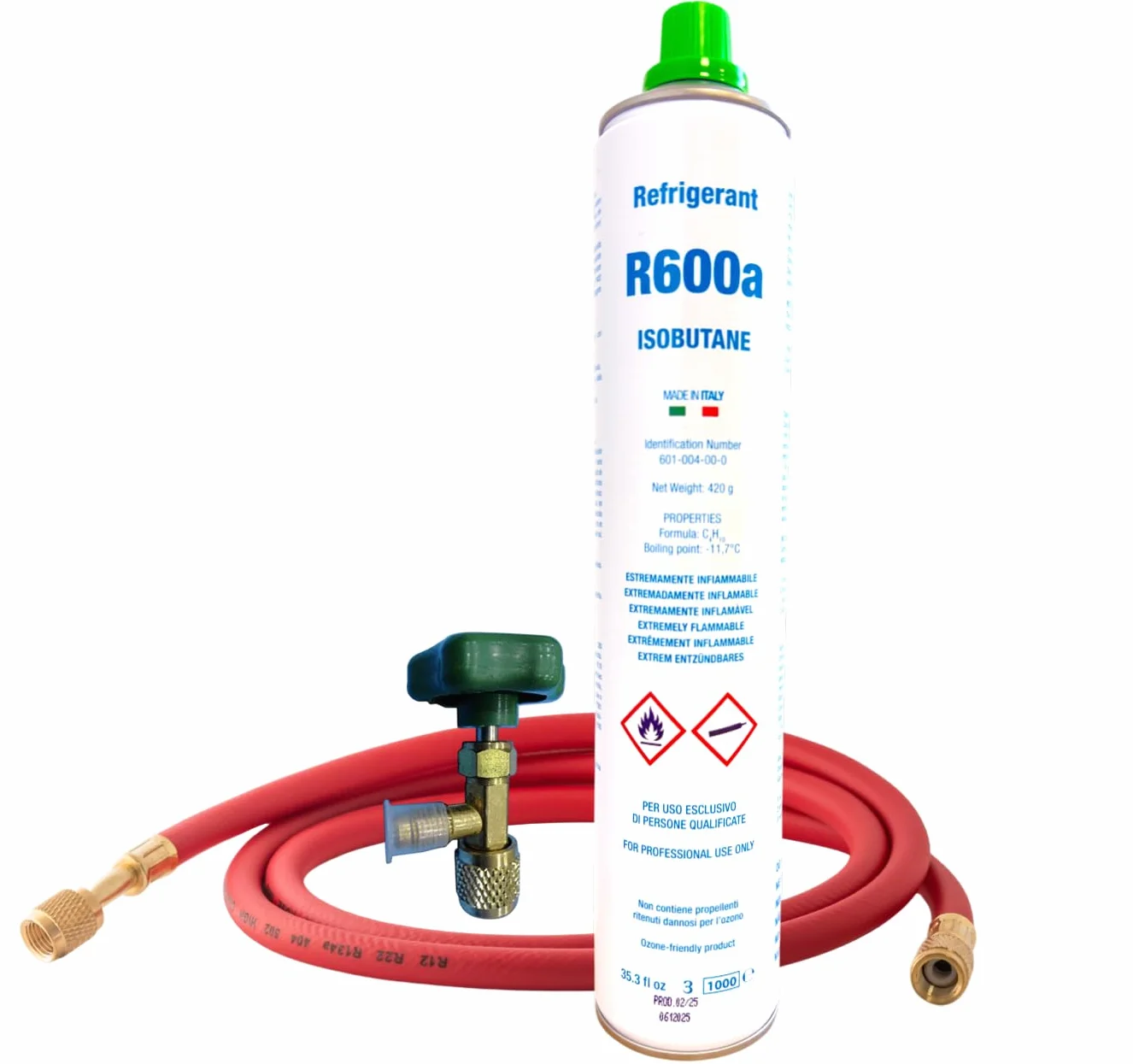 Kit completo Gas Refrigerante R600a Isobutano | Confezione da 420 g netto | Per Ricarica di Frigoriferi e Congelatori | Include Valvola e Tubo di Carico | Soluzione Ecologica
