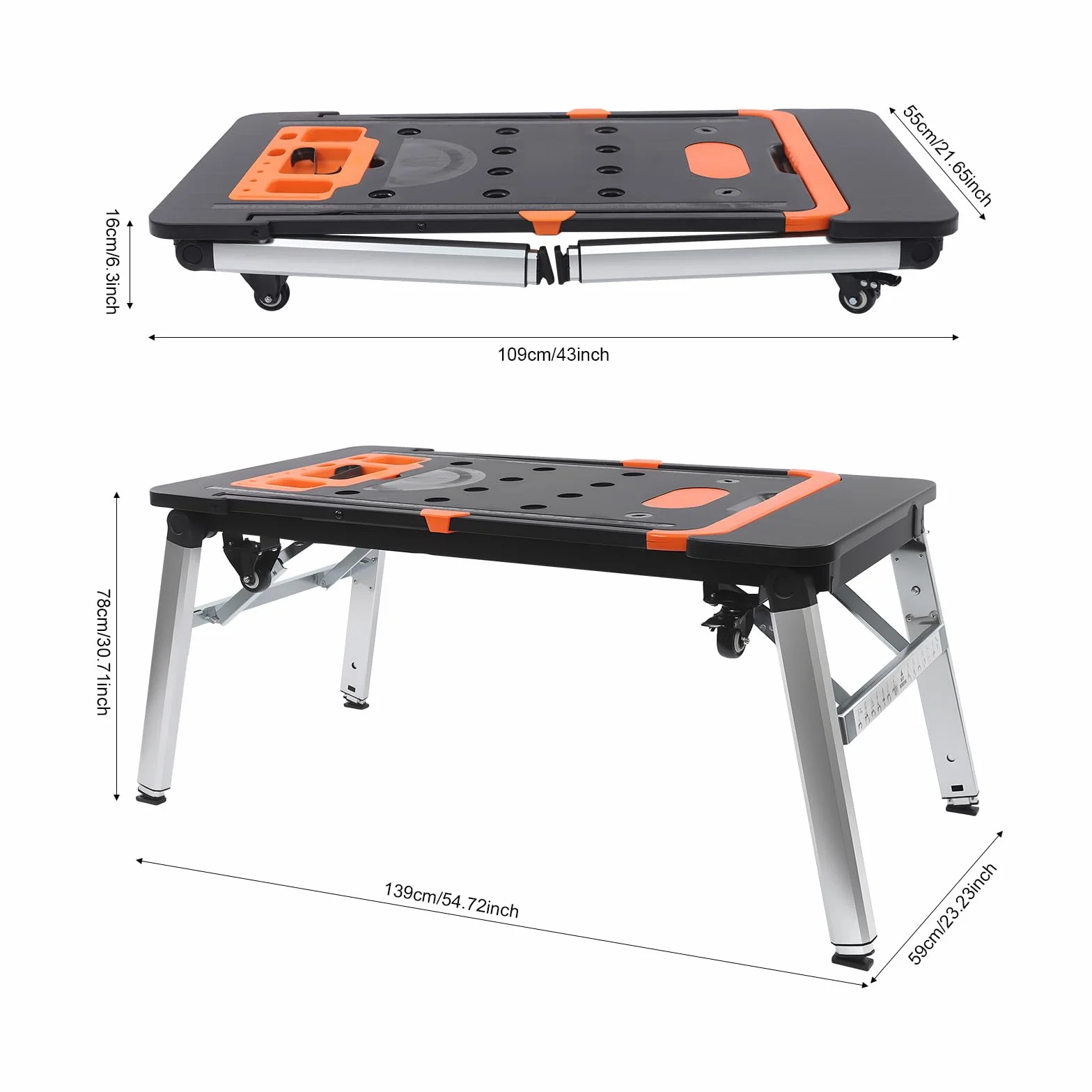 Banco da lavoro universale pieghevole 7 in 1 Tavolo multifunzione Skateboard Carrello a mano Cavalletto da segare Gambe da tavolo regolabili in altezza 1140 x 590 mm