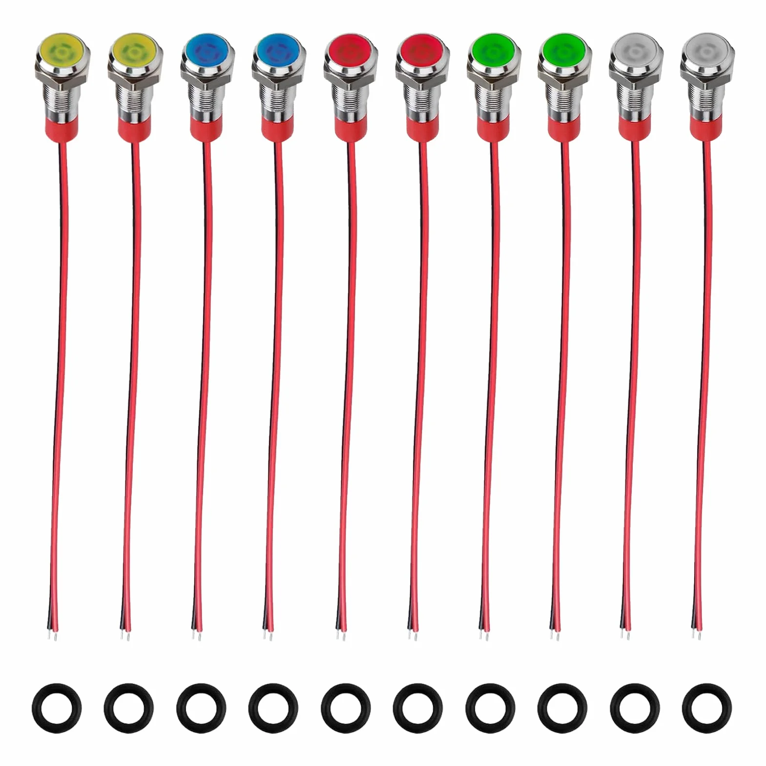 10 Pezzi Indicatore LED 6mm 12V-24V, Spia Luminoso Pannello LED Impermeabile 6mm Precablato per Auto, AC/DC 12-24V, Spia Luminosa con Luce Rossa, Gialla, Blu, Verde e Bianca, Classe Energetica A+++