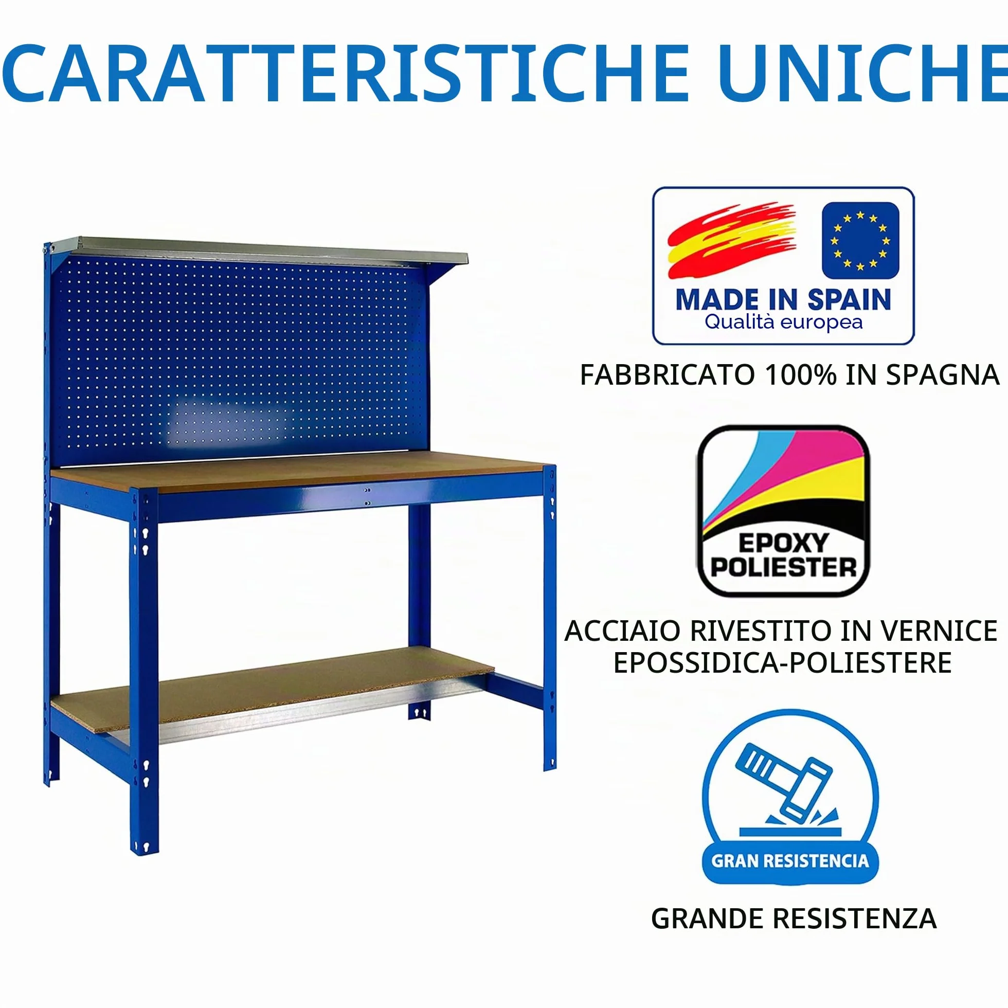 Simon Rack Banco da lavoro per officina, capacità di carico 600 kg, 1445x1210x610 mm, Pannello Forato, Ripiano per cassetti, Tavolo da lavoro fai da te, Blu/Legno - BT3