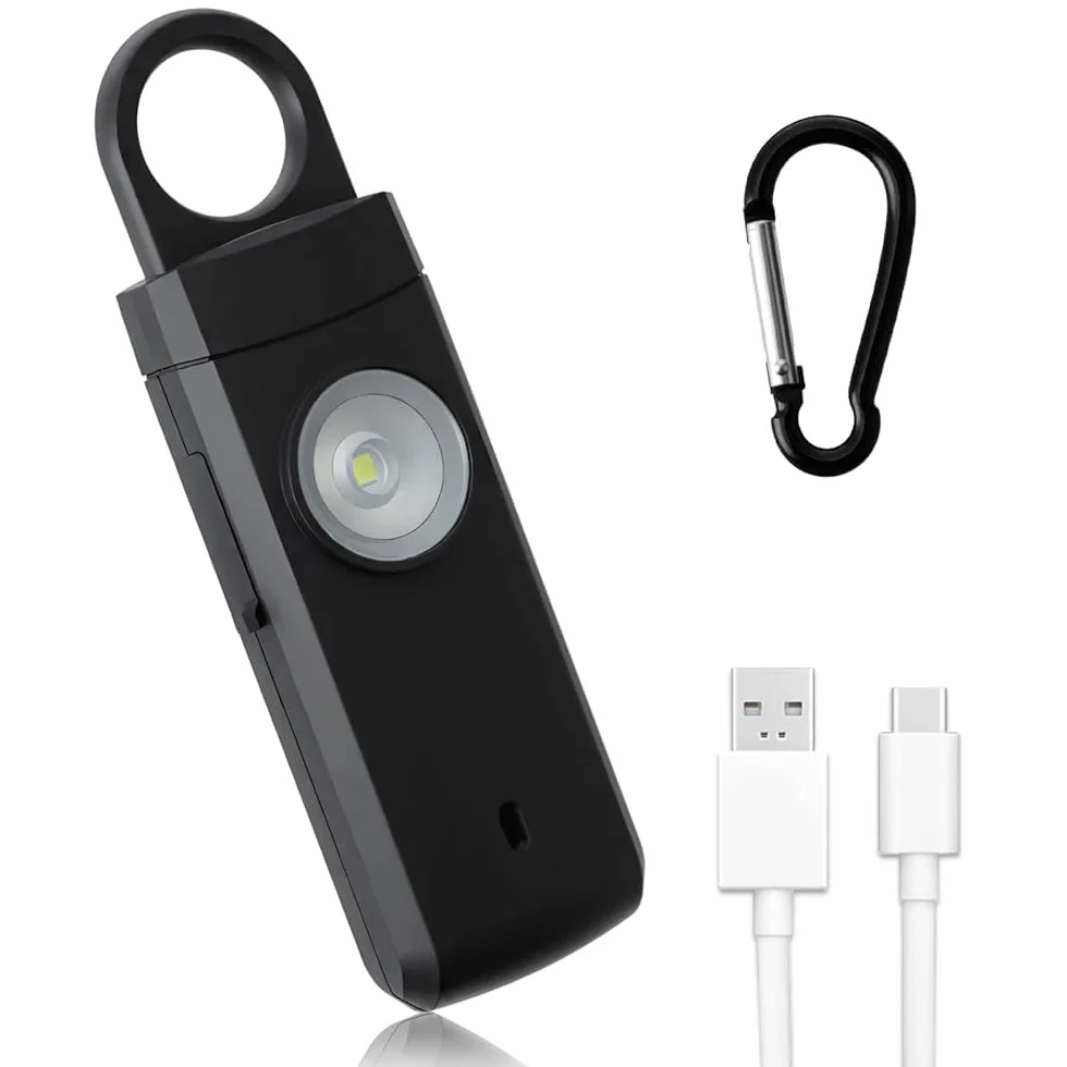 Allarme anti-aggressione 130 dB, anti-aggressione ricaricabile di sicurezza di emergenza, portachiavi allarme con luci LED, ricarica USB tipo C, kit di sicurezza portatile (nero)