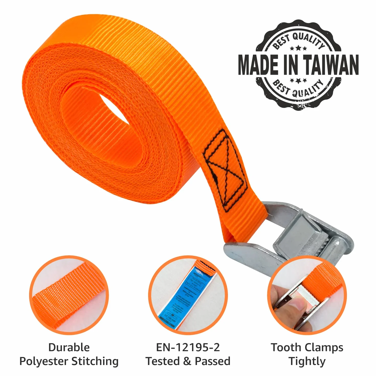 Amazon Basics Cinghie di fissaggio, lunghezza 6 m, larghezza 25 mm, capacità di carico 150 kg, conformi a DIN EN 12195-2, 4 unità, confezione da 1, colore arancione