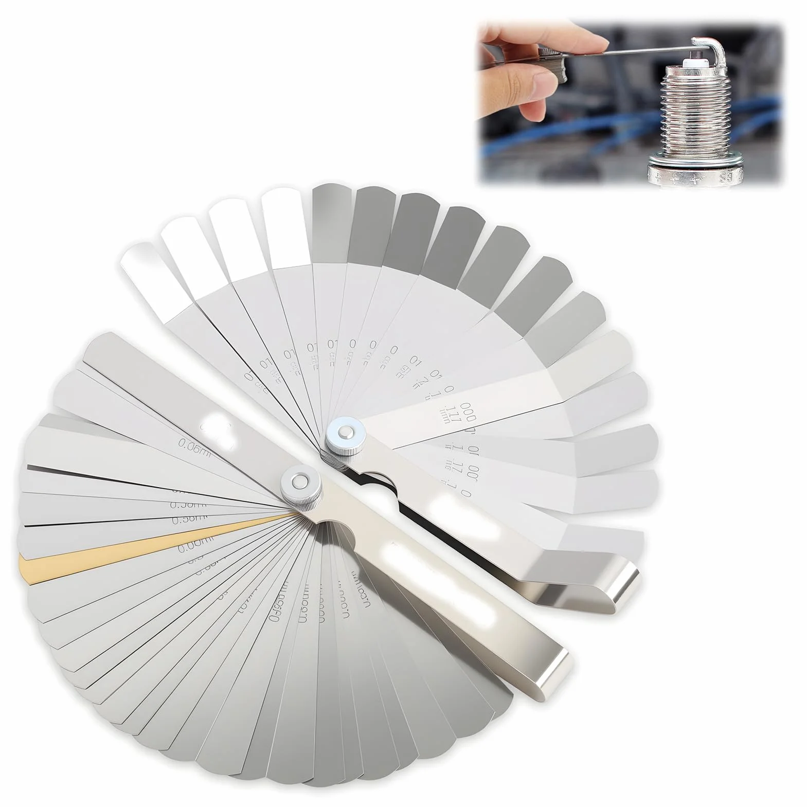 Set di calibri di spessore, 32 lame coniche e 16 lame offset, calibro di spessore doppio marcato SAE e metrico per candela, valvola, pistone, chitarra, set di sentina valvola