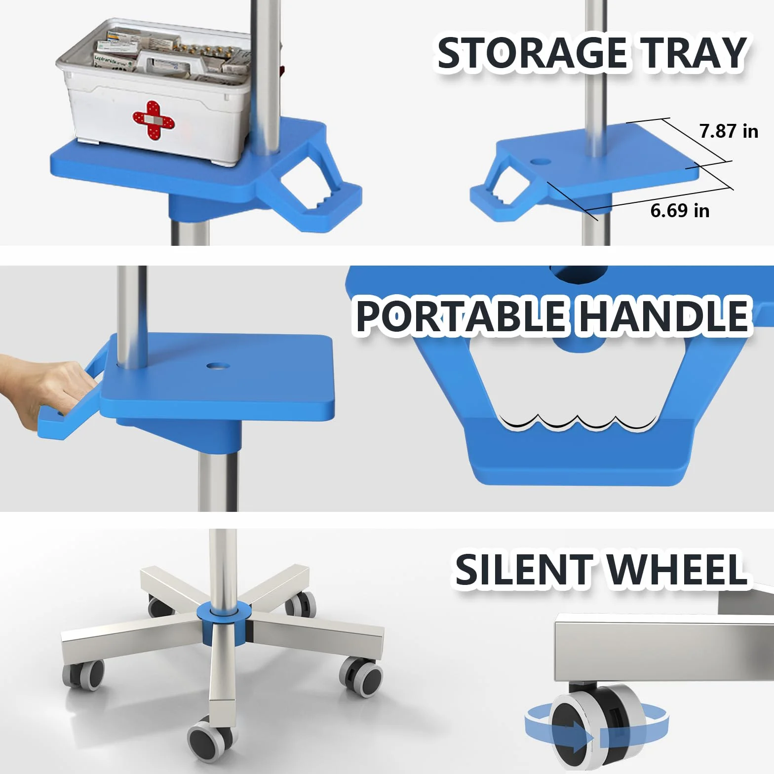 Rolling IV Supporto con vassoio – Supporto IV in acciaio inox con 4 ganci, ruote e struttura regolabile in altezza per cliniche e a casa