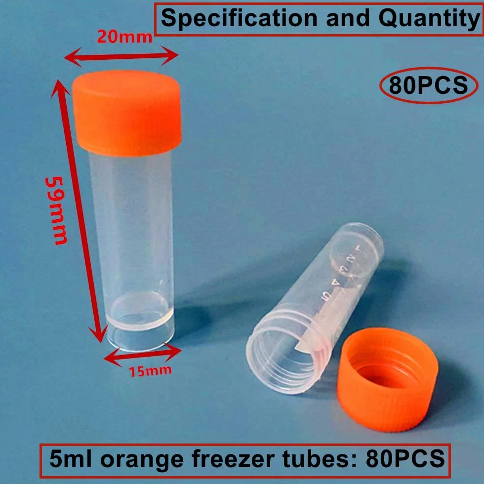 Provette Graduate 5 ml Plastica Trasparente 80 Pezzi con Tappo Arancione