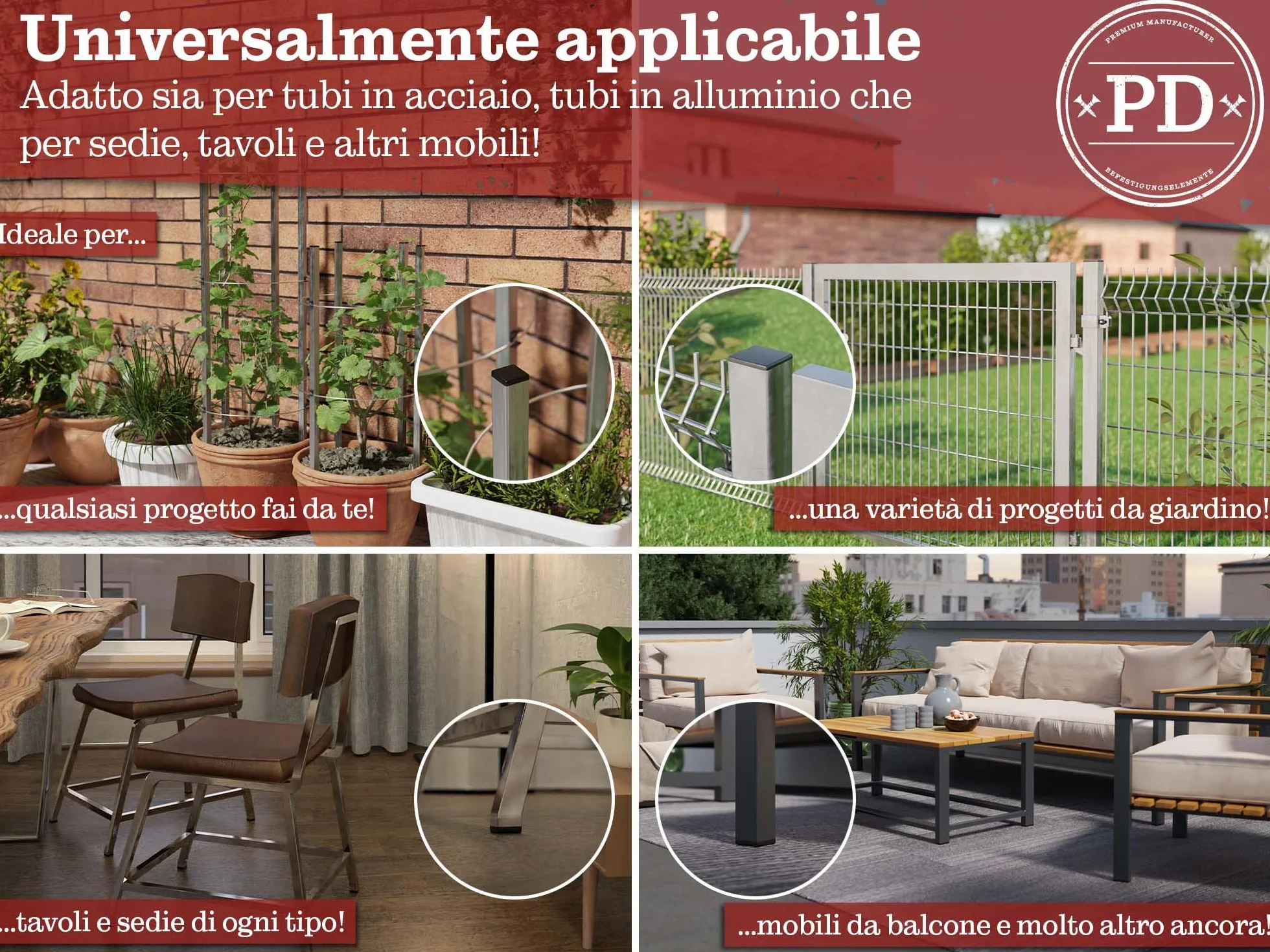 PD® Tappi a Lamelle 40x40 mm per Tubo Quadrato in Plastica PE | Per Coprire Tubi in Acciaio Inox, Alluminio e Profili | Quadrati Neri | 4 Pezzi