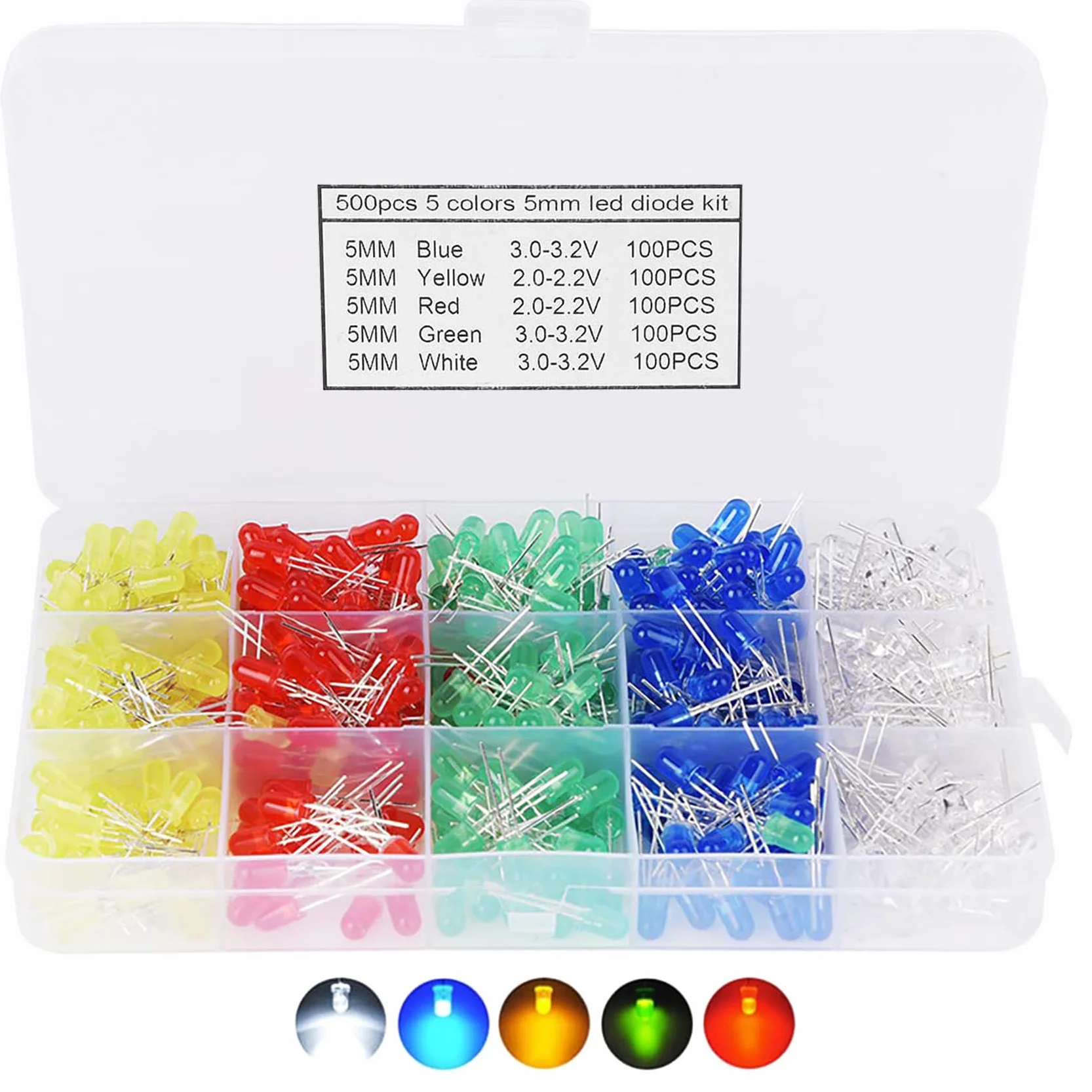 5mm LED Diodo ad Emissione Luminosa Kit Assortimento 500 Pezzi Bianco Rosso Giallo Verde Blu