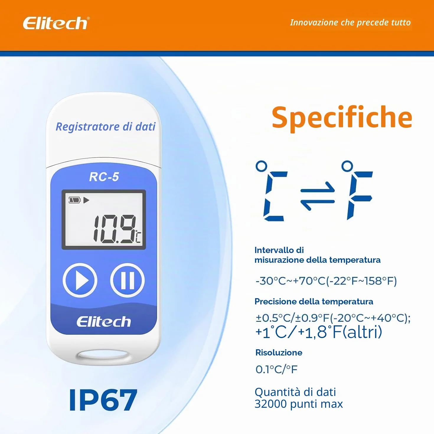 Elitech RC-5 Rejestrator Temperatury Data Logger USB PDF 32000 Punktów