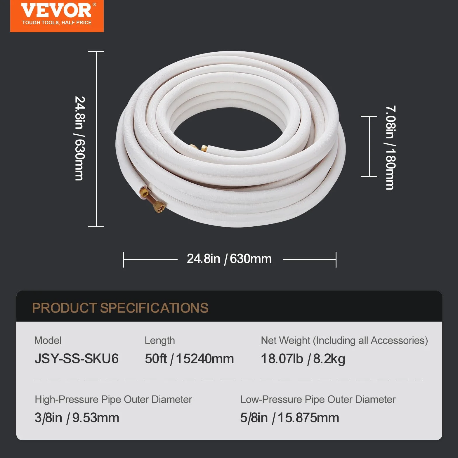 VEVOR 50FT Mini Split Line Set, tubi in rame con diametro esterno da 3/8" e 5/8" e isolamento per aria condizionata, refrigerante o pompe di riscaldamento e HVAC con strisce di avvolgimento.