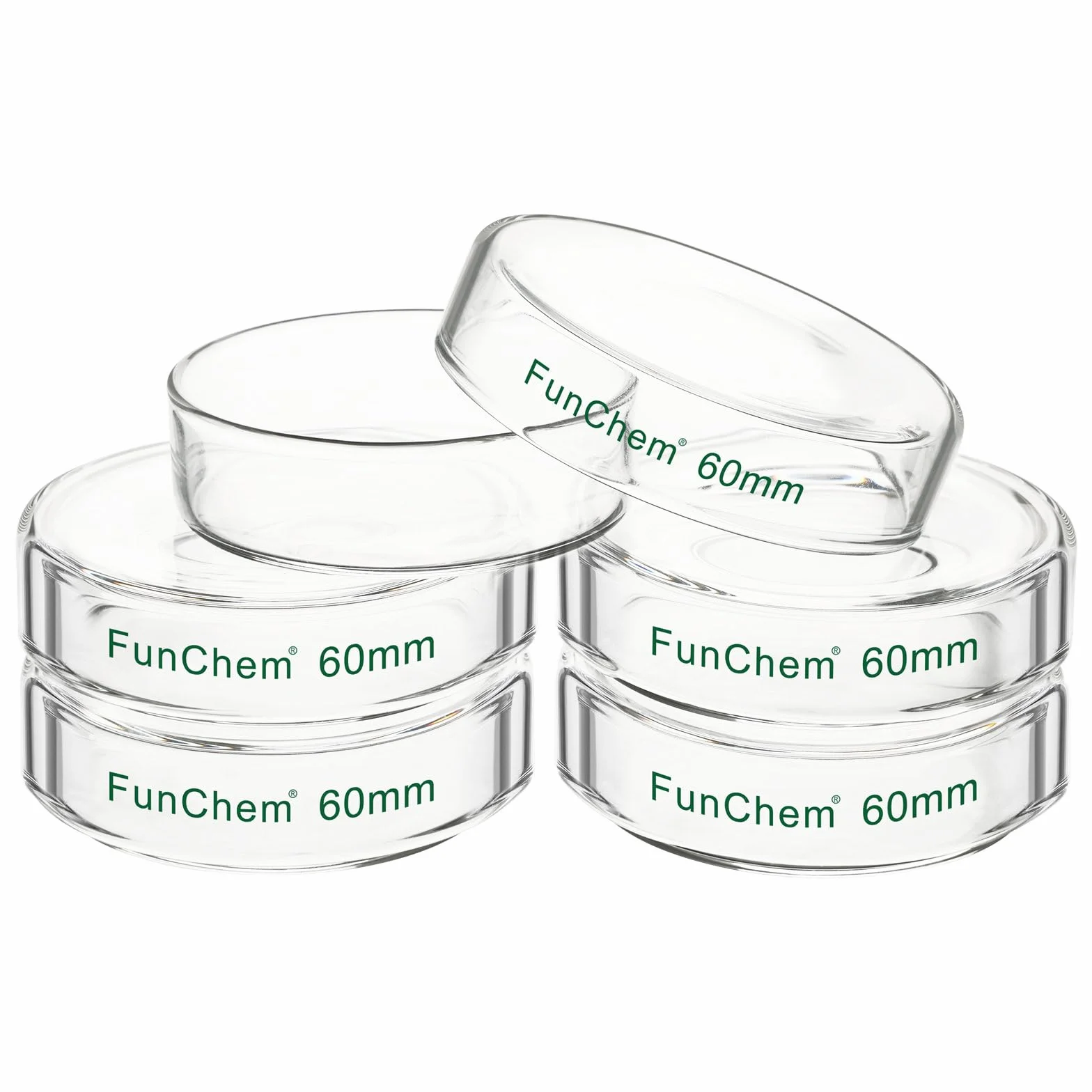 FunChem Capsula Petri in Vetro Borosilicato con Coperchio Trasparente per Test e Osservazioni di Laboratorio - Diametro Esterno 60 mm, Confezione da 5