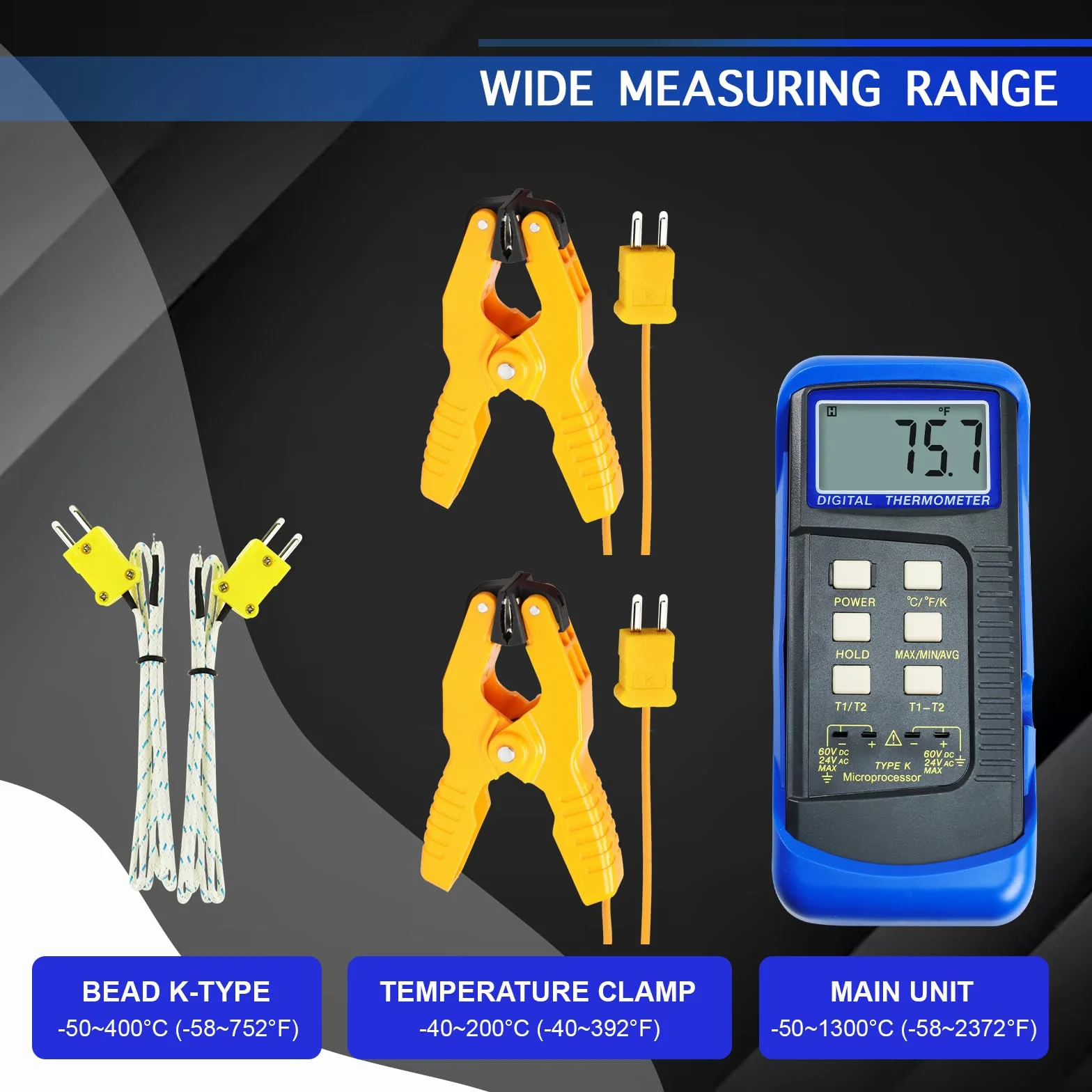 Termometro digitale a doppio canale tipo K -50 a 1300 °C con sonda cablata MAX/MIN/AVG per forni