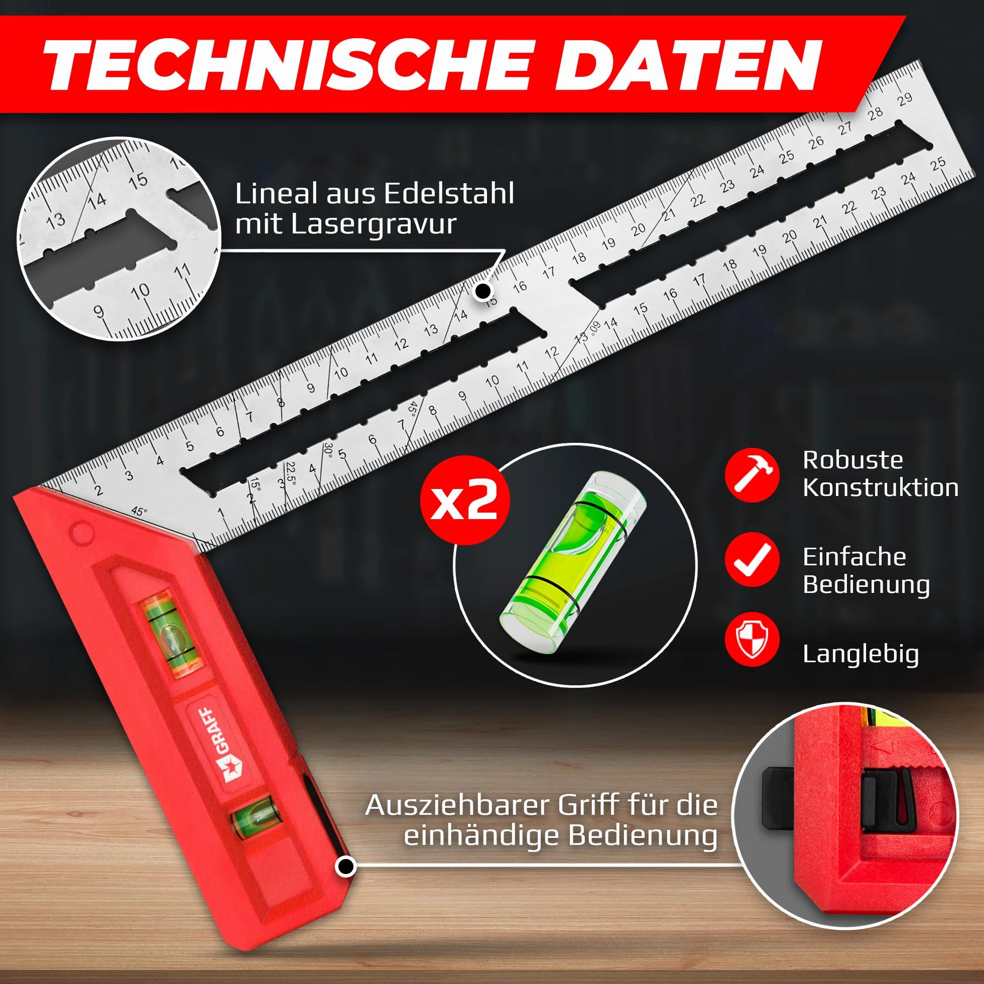 GRAFF Squadra da falegname 300 mm 90°/45° doppia livella a bolla acciaio inox