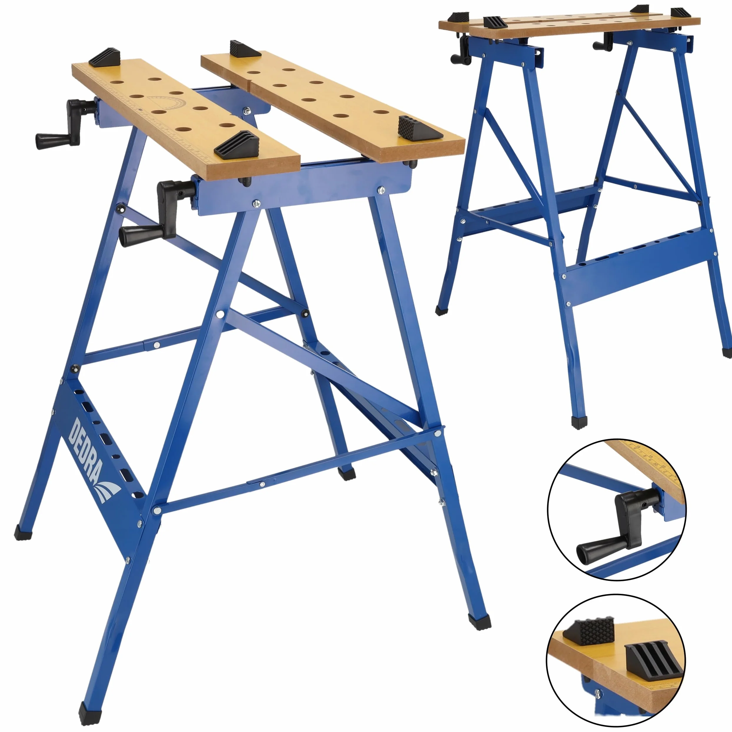 Banco da lavoro Dedra, portata max. 100 kg, grande superficie di lavoro stampata, scala e indicazioni angolari, pieghevole, versatile, regolabile, banco da lavoro con ganasce, tavolo da lavoro