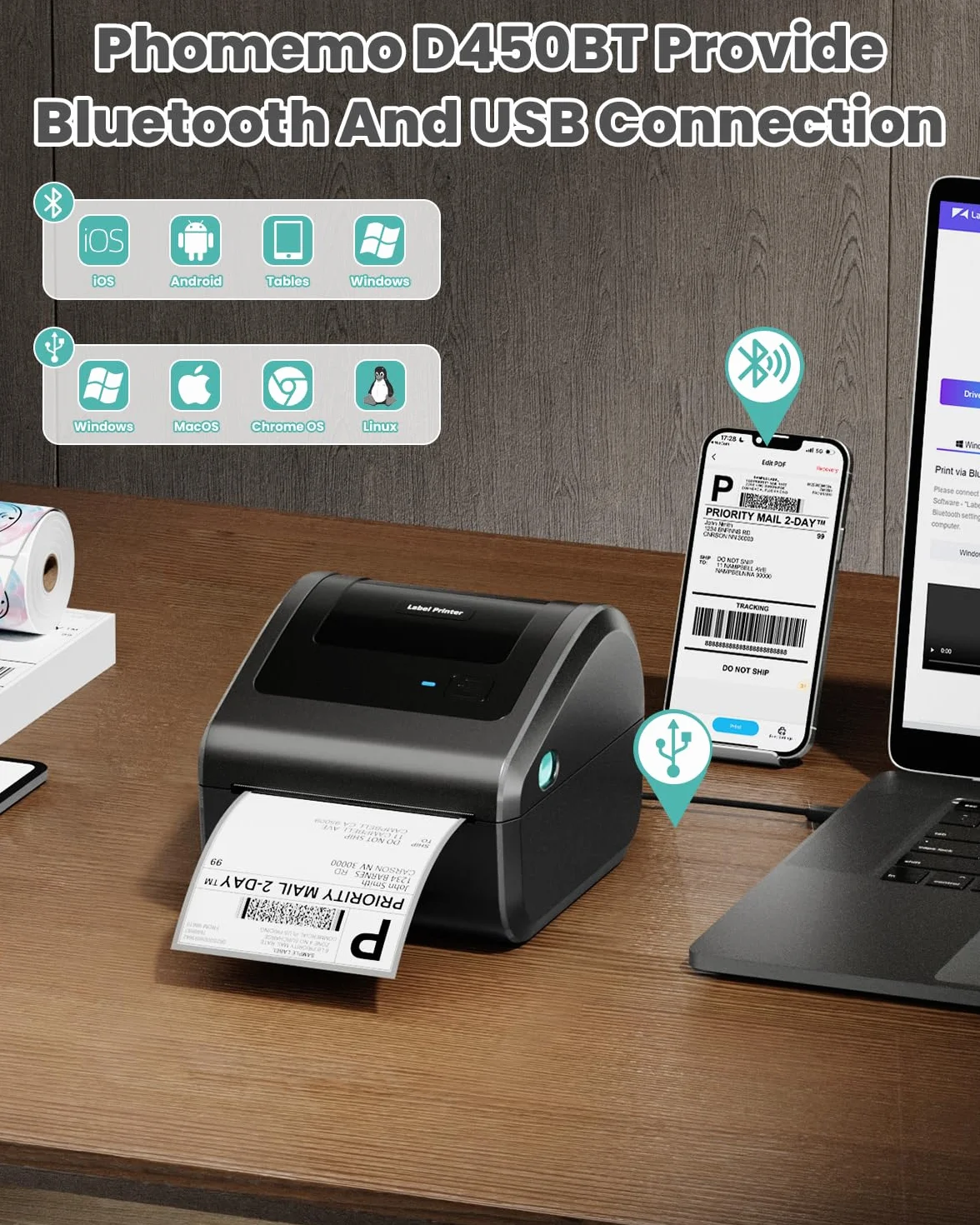 Phomemo Stampante Etichette Spedizione Bluetooth, 4x6 Stampante Termica Adesive, D450BT Etichettatrice