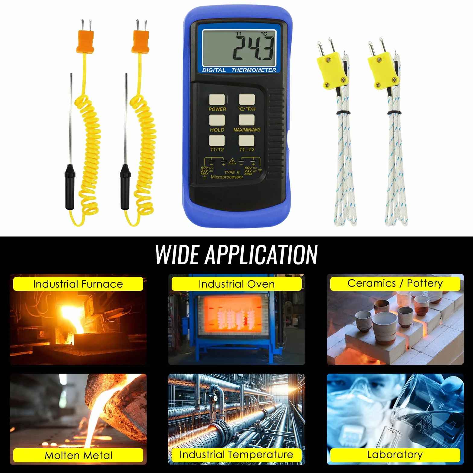 Alta Precisione Digitale Tipo K Termocoppia Termometro (-50~1300°C) con Doppio Canale 4 Sonde (Cablata & Acciaio Inossidabile) Palmare Alta Temperatura Scala Kelvin Metro Tester