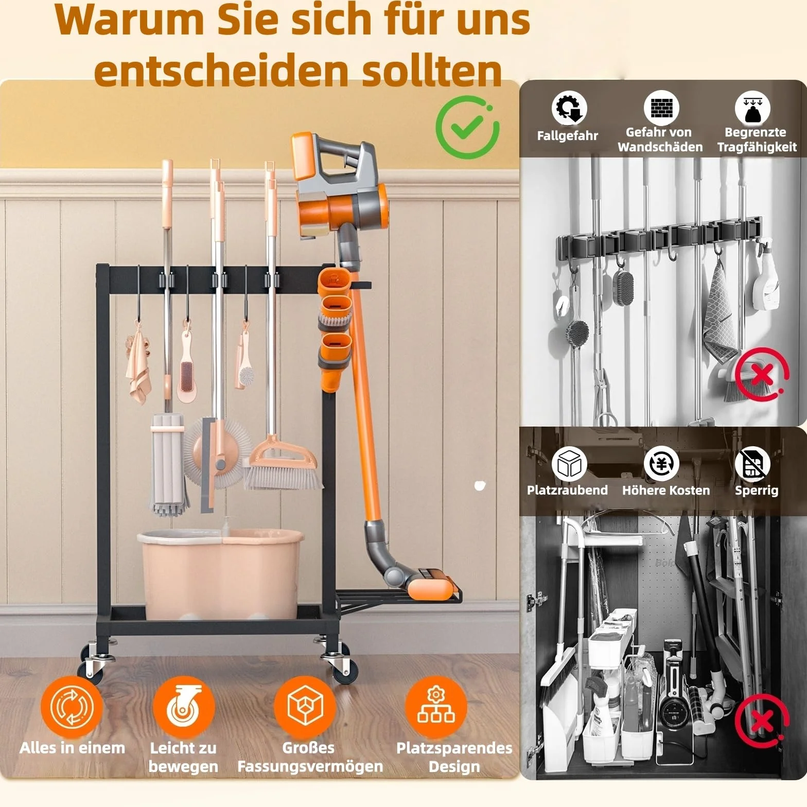 Porta scopa con organizer per detergenti, porta scopa con ruote, porta scopa e mocio, carrello per la pulizia con 6 ganci per mop, 3 ganci doppi, portata 68 kg, nero