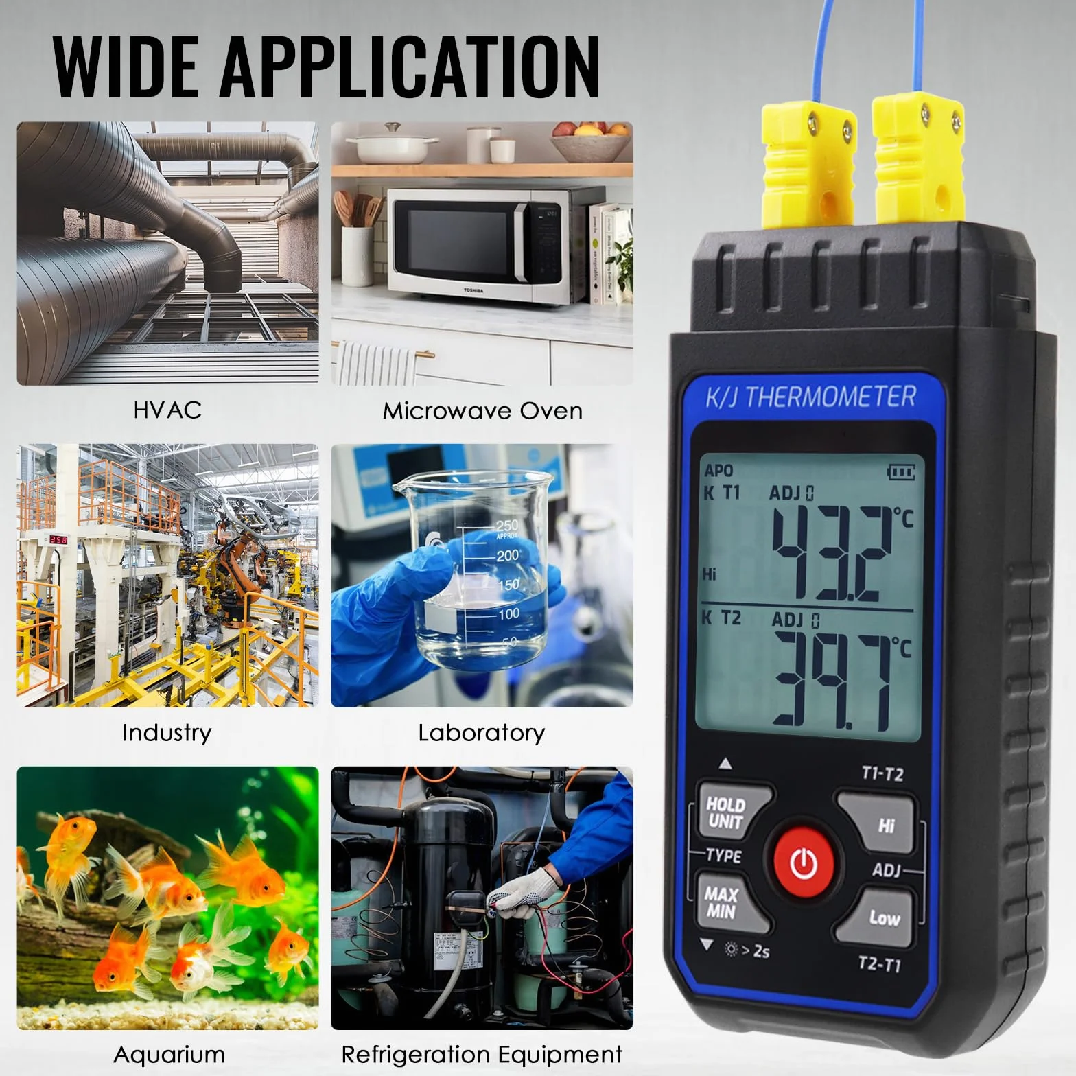 Termometro digitale a doppio canale tipo K/J con 4 termocoppie, campo -328~2501℉, strumento di misurazione temperatura HVAC con allarme