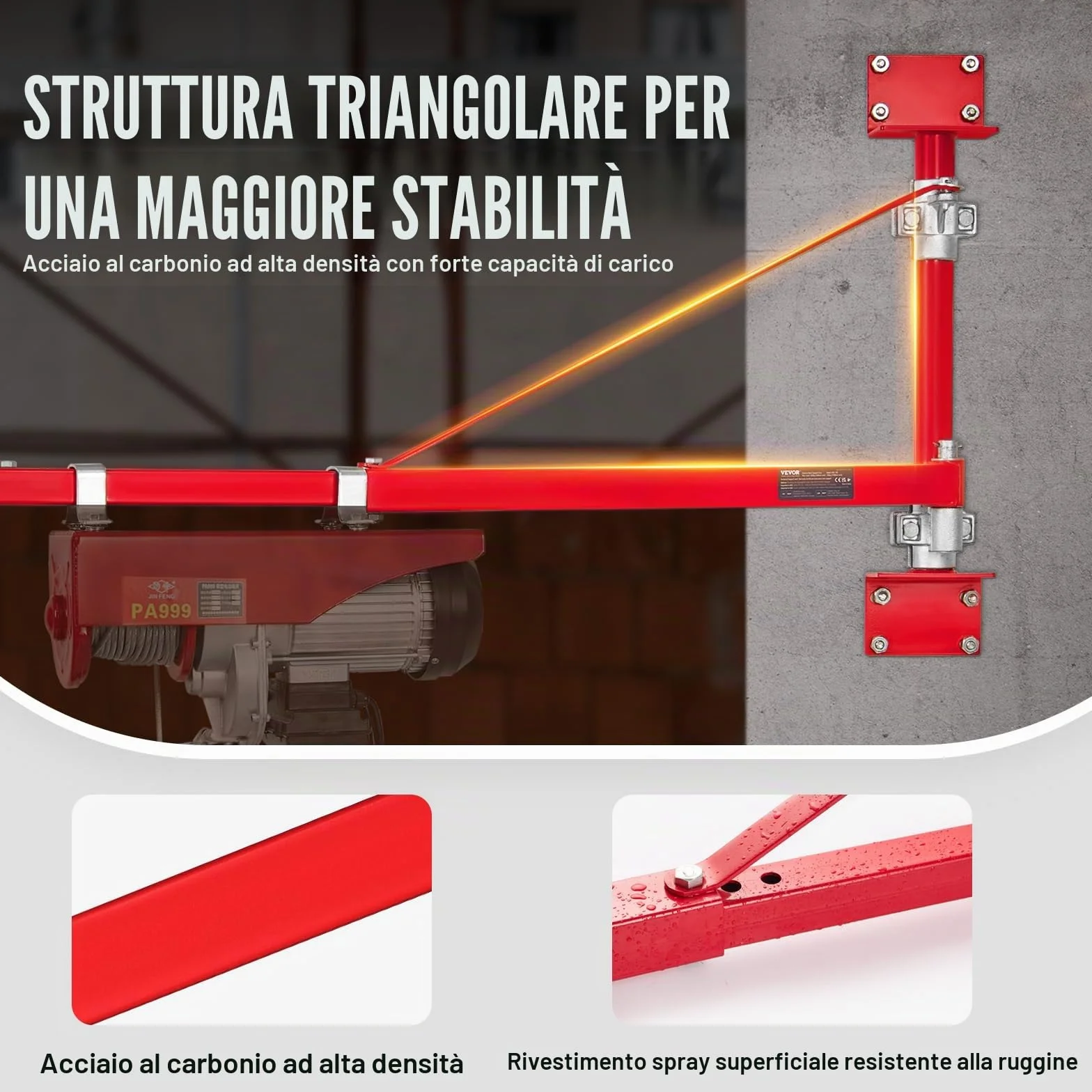 VEVOR Braccio Supporto per Paranco Elettrico, Capacità Carico 600 kg, Braccio di Supporto per Paranco Girevole con Asta, Telaio di Sollevamento in Acciaio a 180° per Officina, Garage