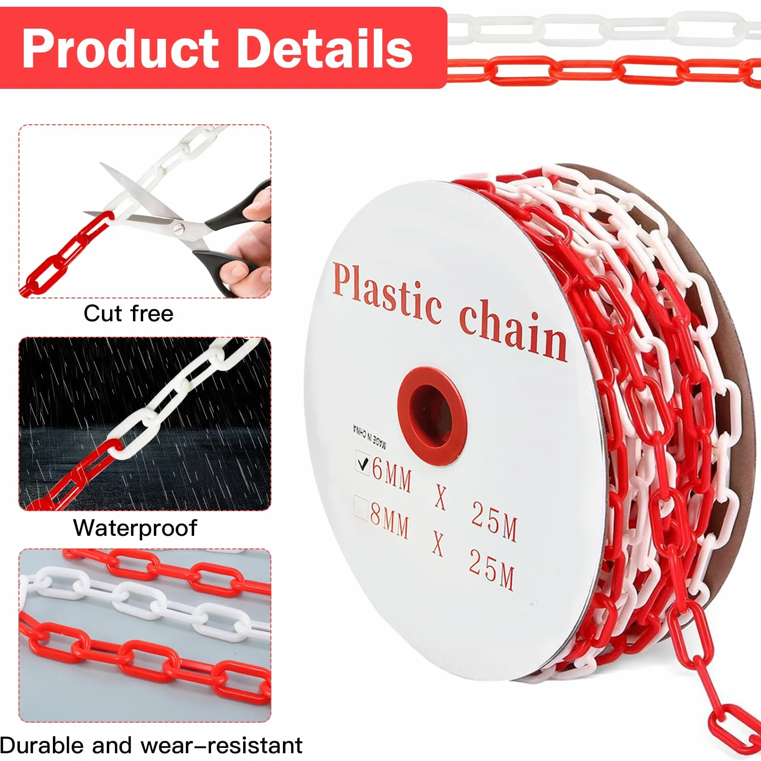 Catena di sicurezza in plastica, 35 m, 35 m, in plastica, 6 mm, con 6 ganci a S, catena di sicurezza in plastica, per cantieri, parcheggio e manutenzione degli ordini