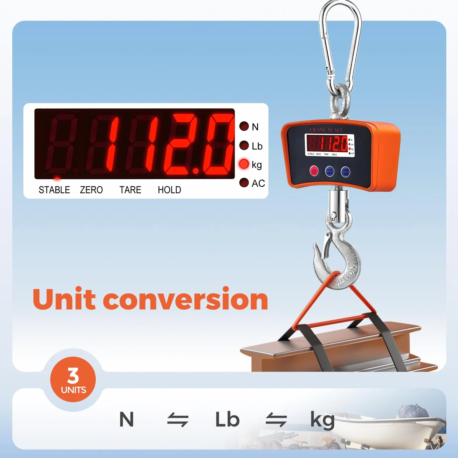 Bonvoisin Bilancia a gancio 2200lbs/1000kg, digitale appesa, industriale ricaricabile, leggibilità 0,44 lbs/0,2kg, 3 unità di peso