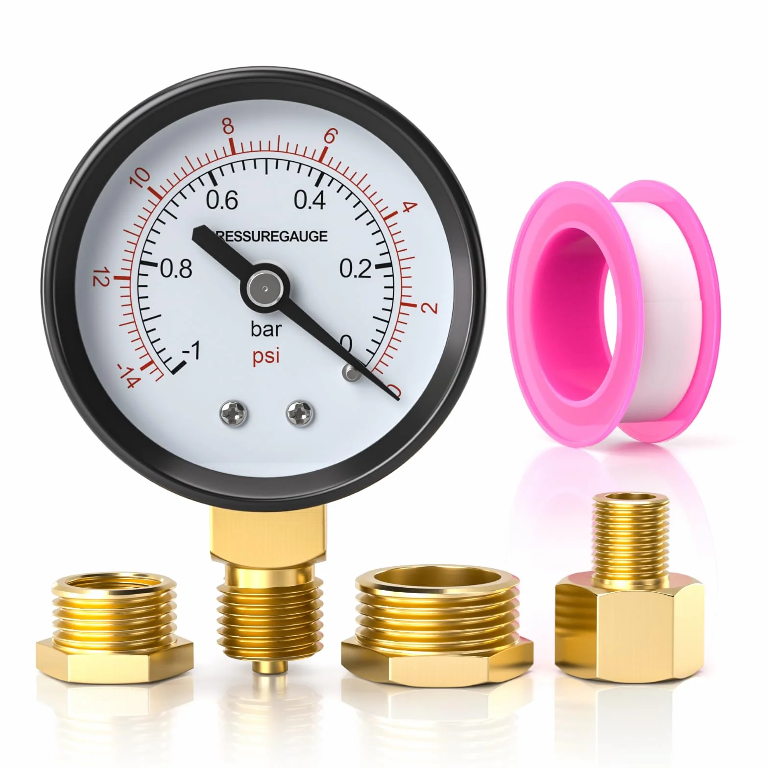1 Pz 50mm Manometro per vuoto BSP 1/4“ -1~0 Bar -14~0 Psi con 2 pezzi boccola 1/4” a 3/8“, 1/4” a 1/2“ e 1 pezzo nipplo esagonale di riduzione 1/4” a 1/8”, un nastro di teflon, radiale