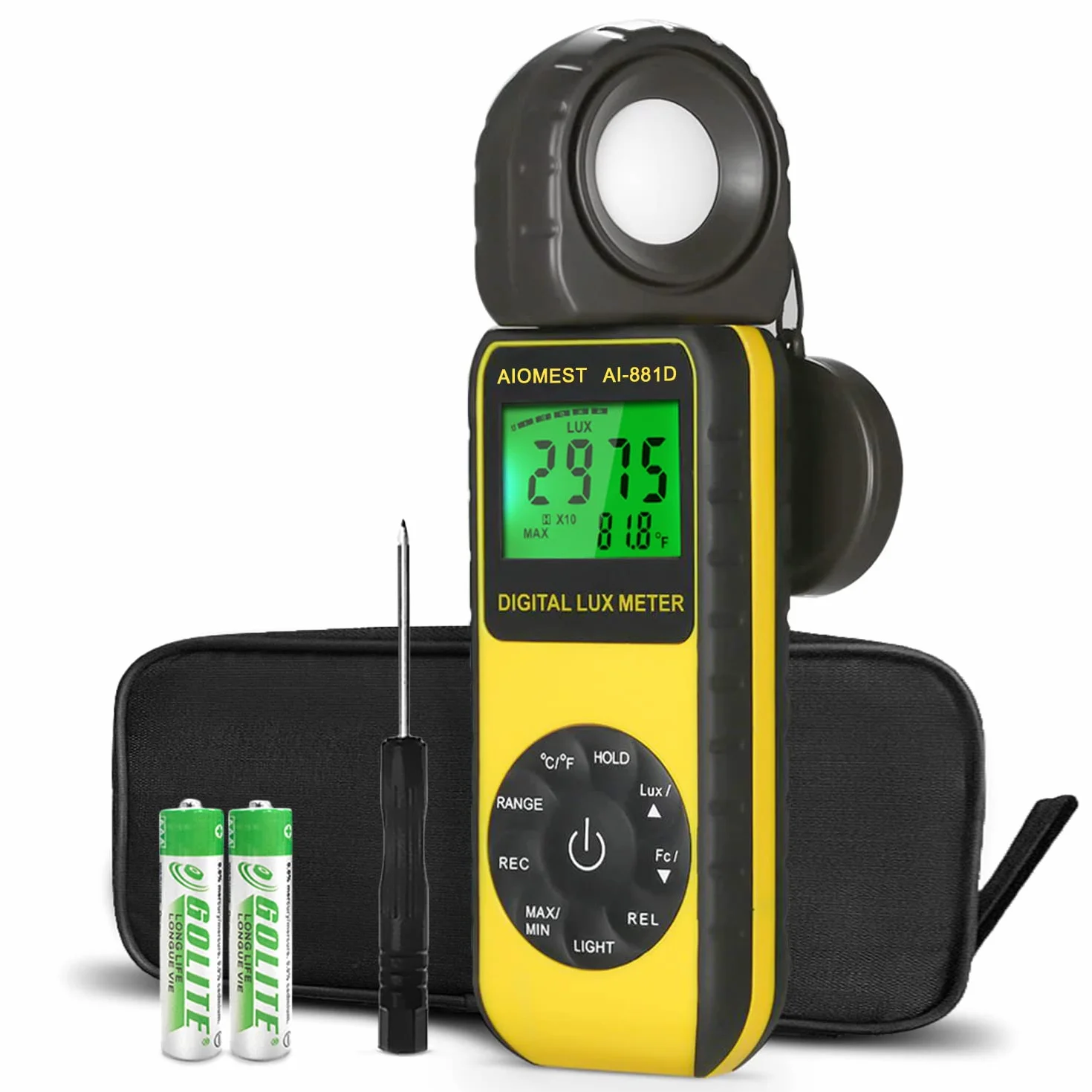 AIOMEST Luxmetro Digitale Portatile, Rilevatore di 0,01~400.000 Lux Rotante, Misuratore di Illuminamento a 270° per Luce di Crescita Delle Piante, Luci esterne per Interni, Acquario, AI-881D, Giallo