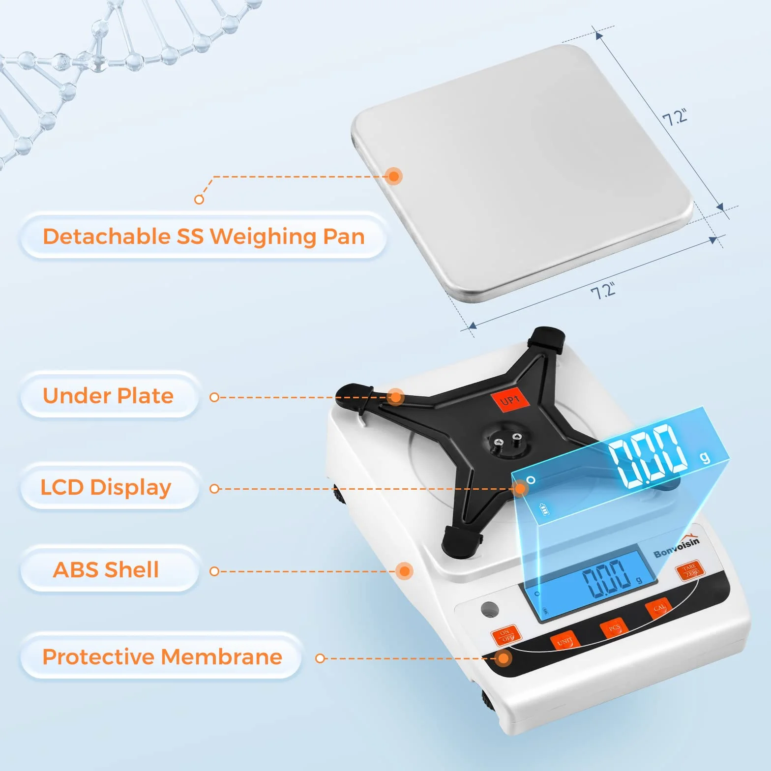 Bonvoisin Bilancia da Laboratorio 5000g x 0.01g, Bilancia Analitica Alta Precisione con 13 Unità, Trasferimento Dati USB, Conteggio & Taratura, Piatto Inox Ampio, Doppia Alimentazione