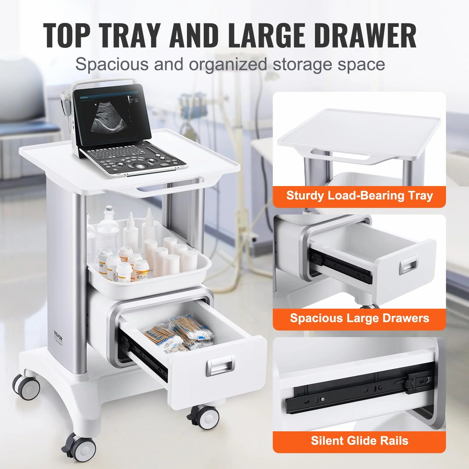 VEVOR Carrello da Laboratorio 2 Ripiani 1 Cassetto 1 Vassoio Superiore 4 Ruote ABS Bianco
