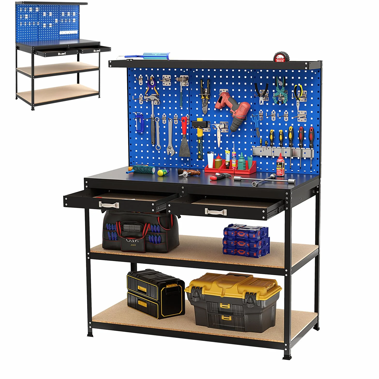 SOARS Banco da Lavoro, Organizer per Attrezzi in Metallo con 3 Pannelli Perforati con Kit di 24 Ganci, 2 Cassetti e 2 Ripiani, Banchi da Lavoro per Officina, Garage (Blu, 121 X 61 X 156 CM)