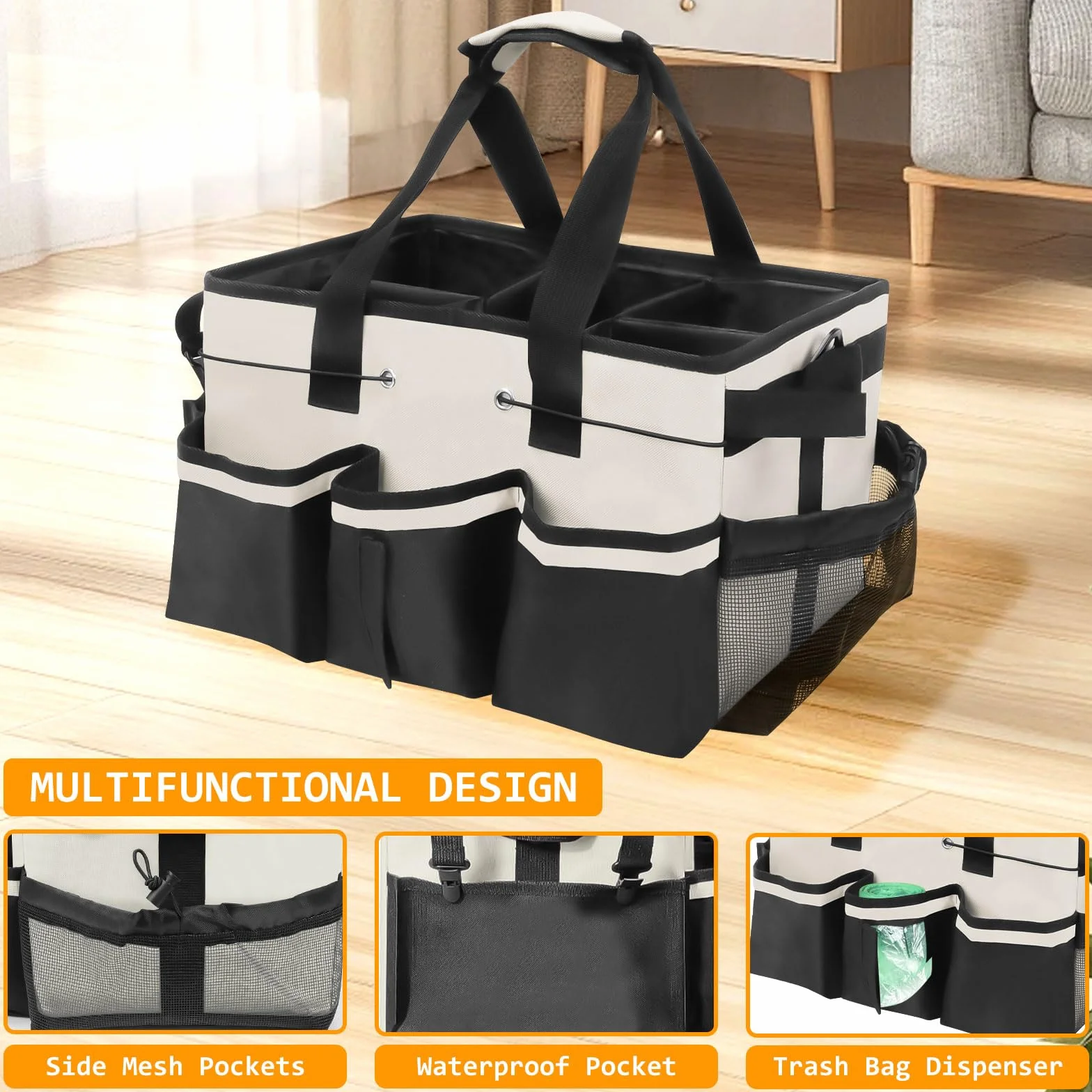 Cesto Per La Conservazione Dei Prodotti Per La Pulizia,Cestino Porta Attrezzi con 5 Tasche Esterne, Organizer Per Pulizie in Tessuto Oxford, Impermeabile, con Spallacci Regolabili (Bianco)