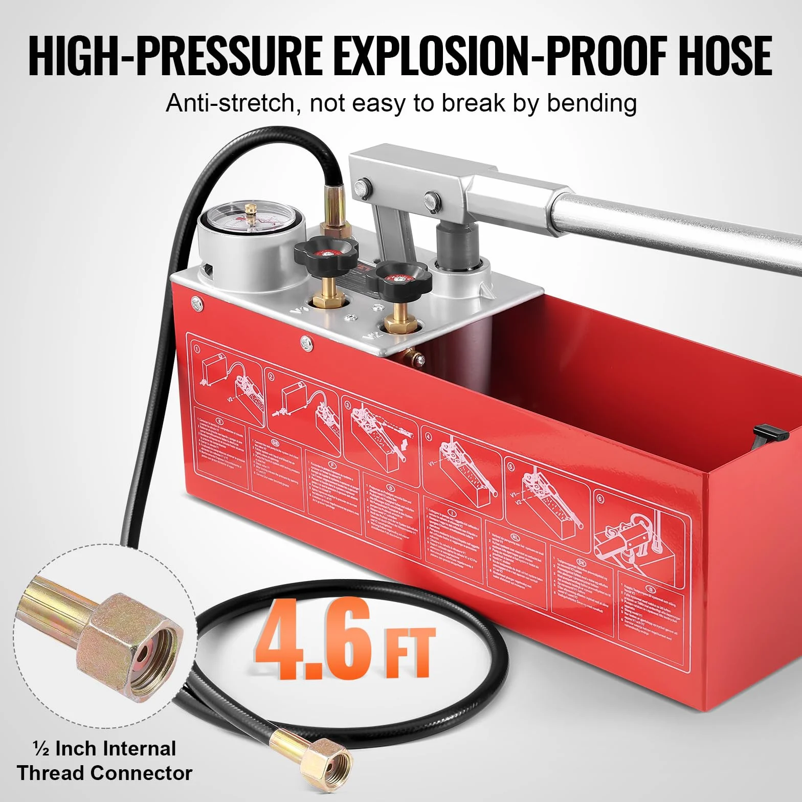 VEVOR Pompa di Prova Idrostatica, Max 25 Bar/362 PSI, Kit Tester Manuale della Pressione dell'Acqua Idraulica a Doppia Valvola con Manometro Serbatoio Acqua da 2,8 Gal, Tubo da 4,6 Piedi