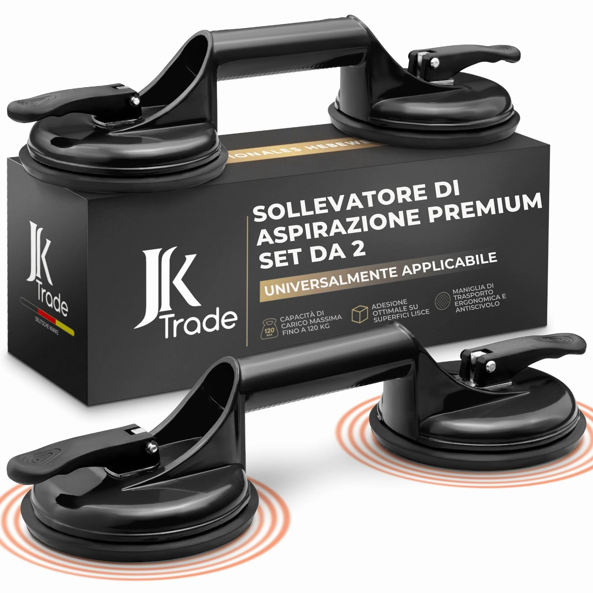 JK Trade® Set di 2 sollevatori a ventosa con maniglia, sollevatore sottovuoto antiscivolo con manico di supporto fino a 120 kg, strumento di sollevamento a ventosa come aiuto per il trasporto di