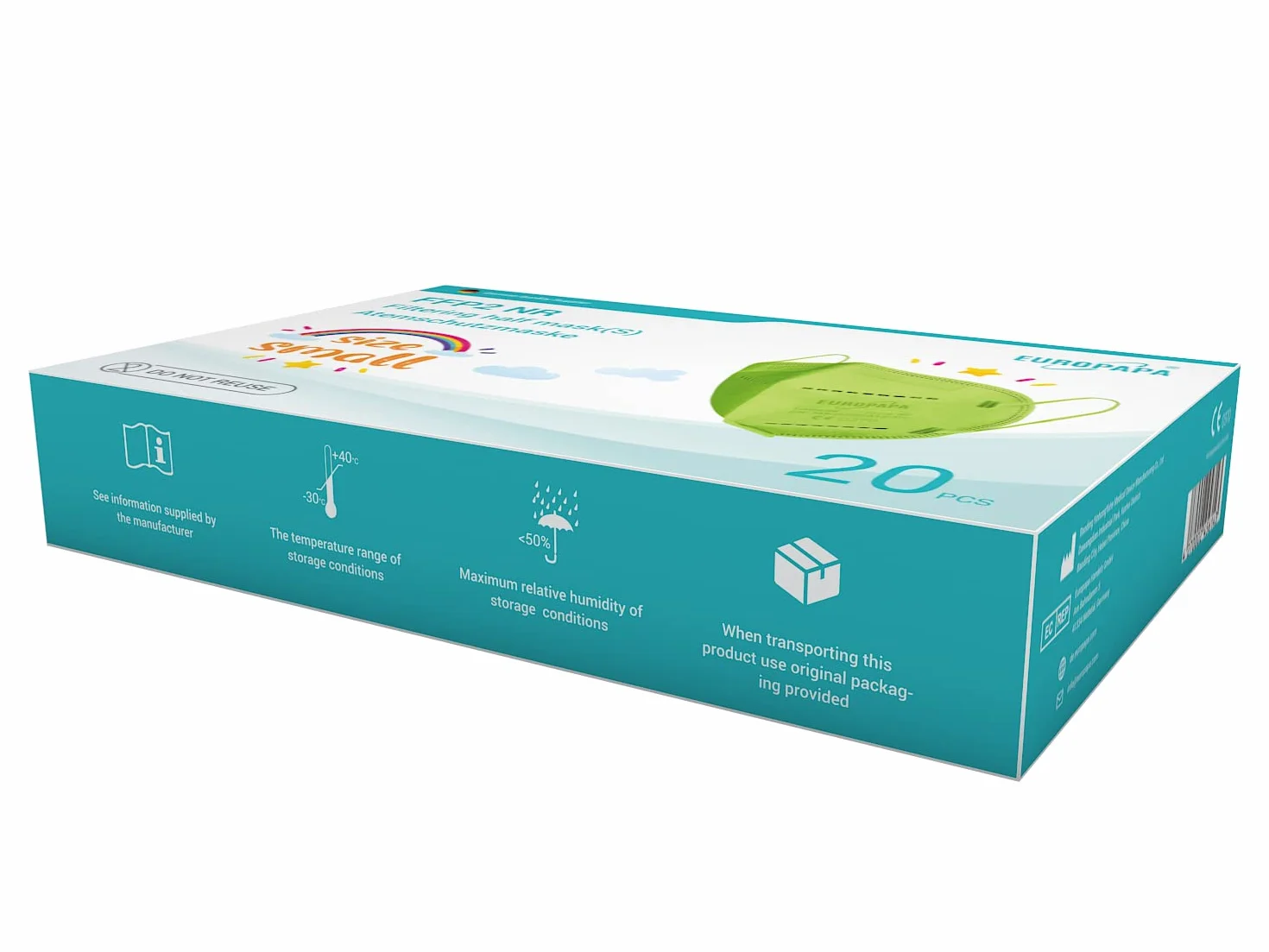 EUROPAPA 20x Maschere FFP2 S Viso Piccole Dimensioni Respiratori Igienici 5 Strati Confezionati Singolarmente