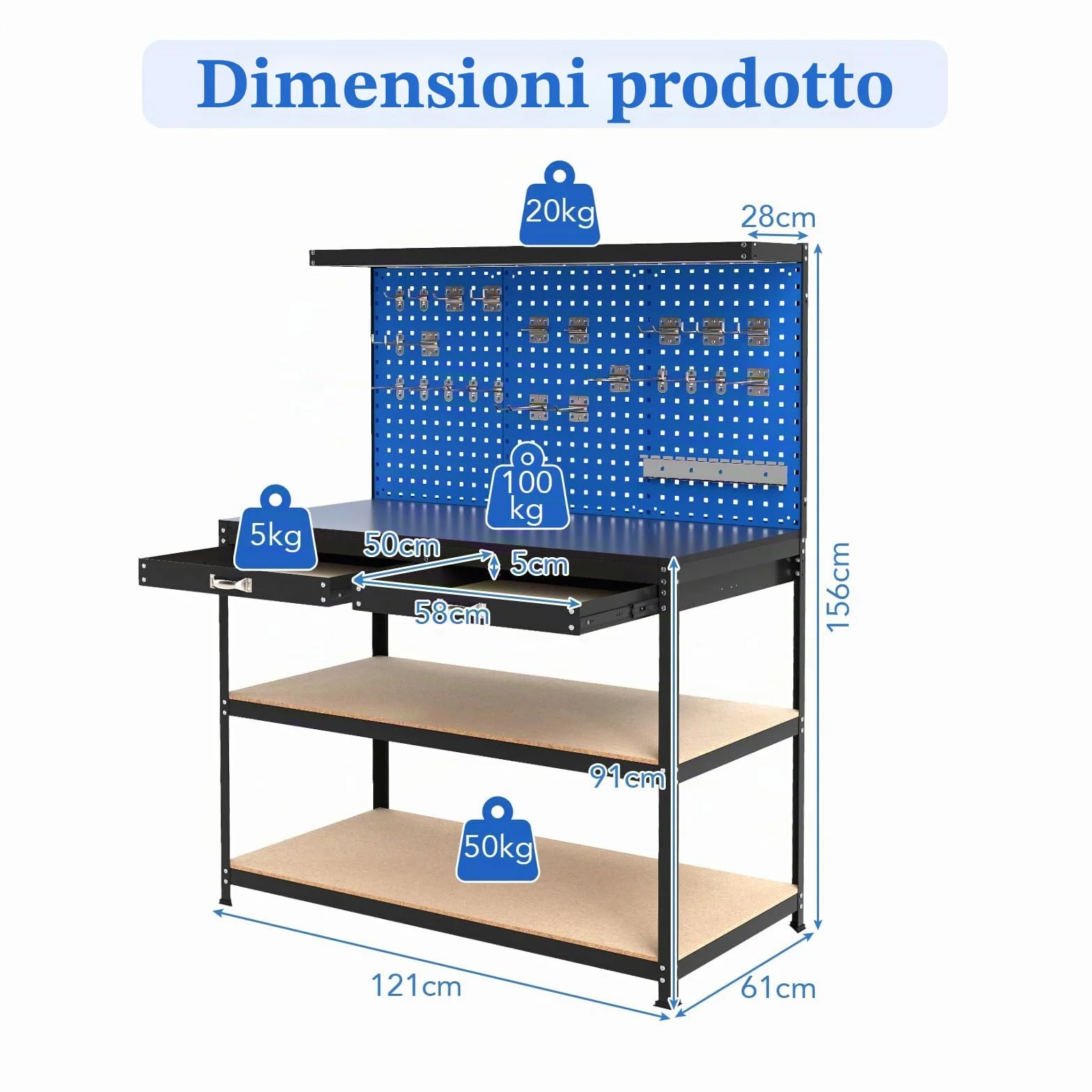 SOARS Banco da Lavoro, Organizer per Attrezzi in Metallo con 3 Pannelli Perforati con Kit di 24 Ganci, 2 Cassetti e 2 Ripiani, Banchi da Lavoro per Officina, Garage (Blu, 121 X 61 X 156 CM)
