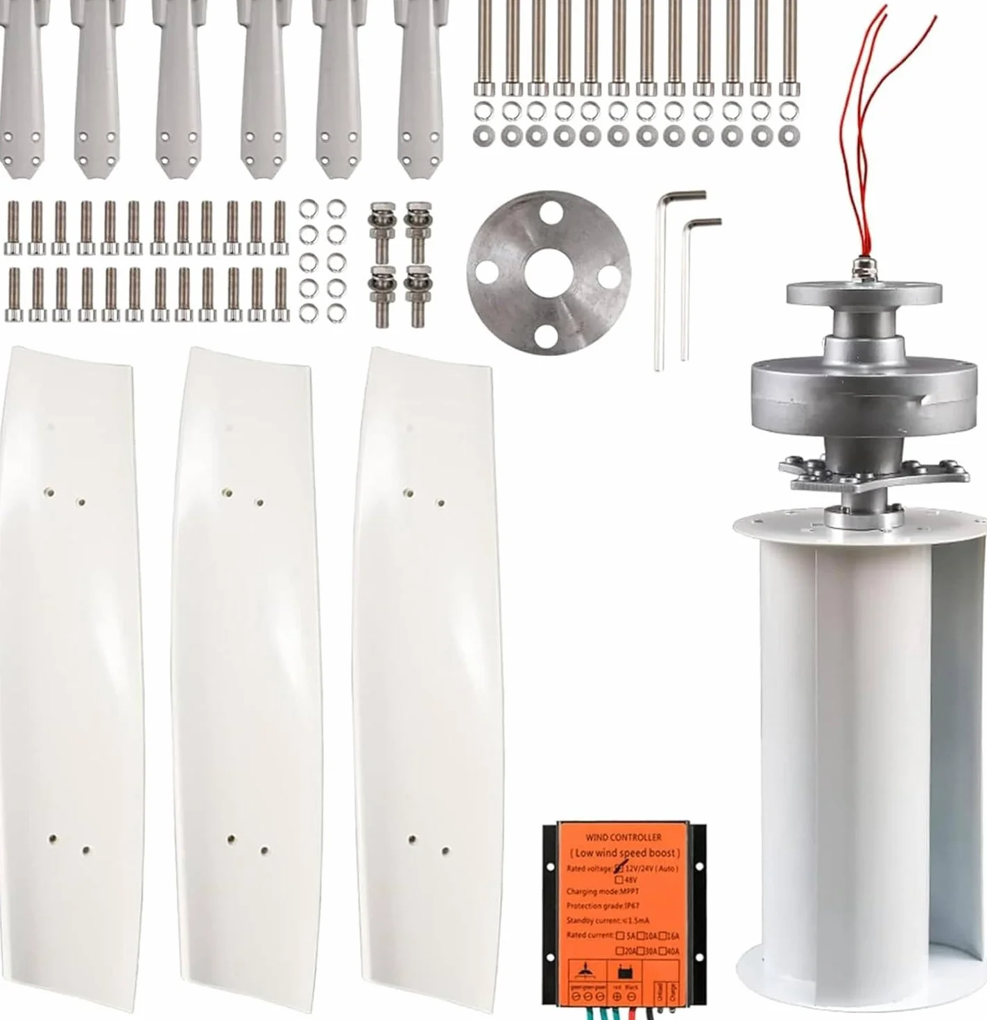 Kit generatore di turbina eolica 6000W, 12V 24V 48V 220V Kit generatore di turbina eolica verticale portatile, kit generatore eolico a 3 pale con regolatore di carica per camper marino casa, 12V