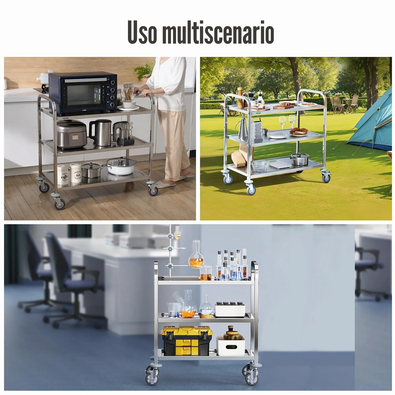 VEVOR Carrello da Laboratorio in Acciaio Inox 3 Ripiani 100 kg 740x396x860 mm