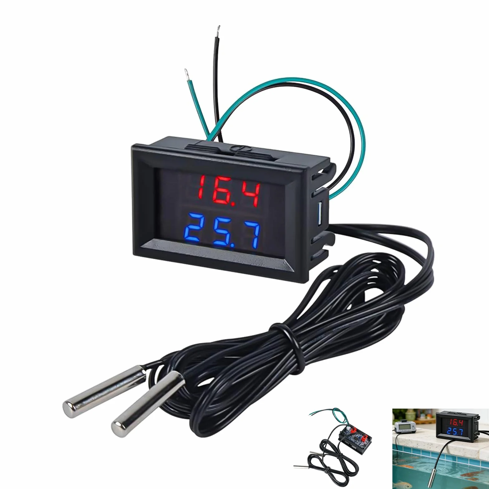 Termometro digitale a LED doppio display con 2 sonde impermeabili DC 4-28V -55°C a +120°C per acquario frigorifero incubatore