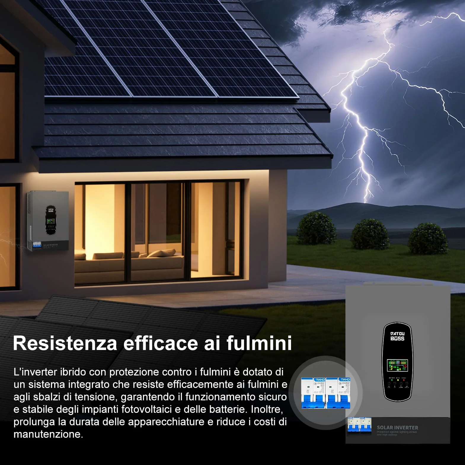 DATOUBOSS 6200W Inverter Ibrido Solare 48V, Onda Pura, Array FV fino a 8500W, Potenza Inverter FV 6500W, Protezione da Fulmini, Avvio Senza Batteria, MPPT Integrato 120A, per Sistemi Off-Grid