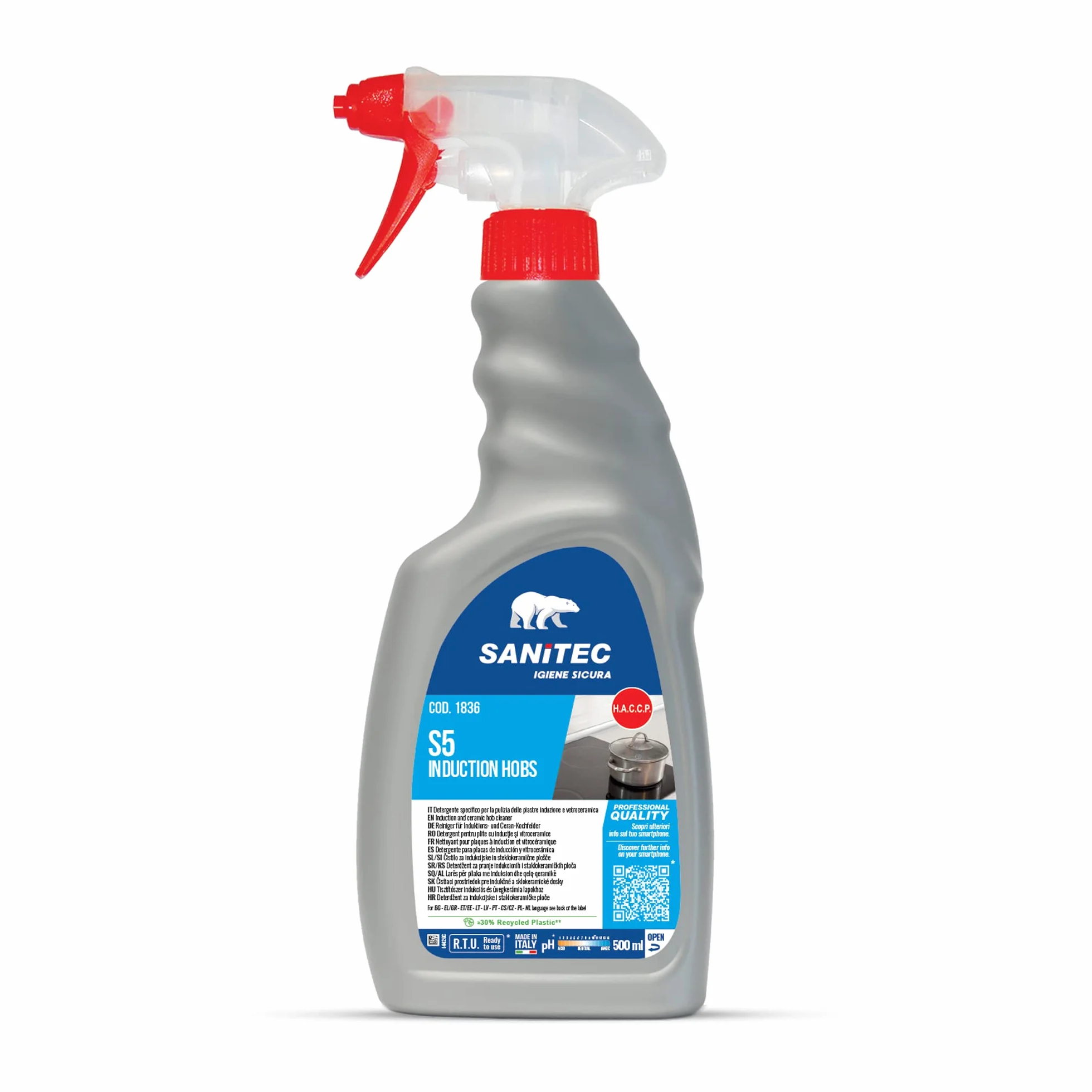 Sanitec, S5 Induction Hobs, Detergente ad Effetto Distaccante per la Pulizia dei Piani di Cottura, in Vetroceramica e Induzione, Rimuove Facilmente Sporchi Grassi, Made in Italy, Flacone 500 ml