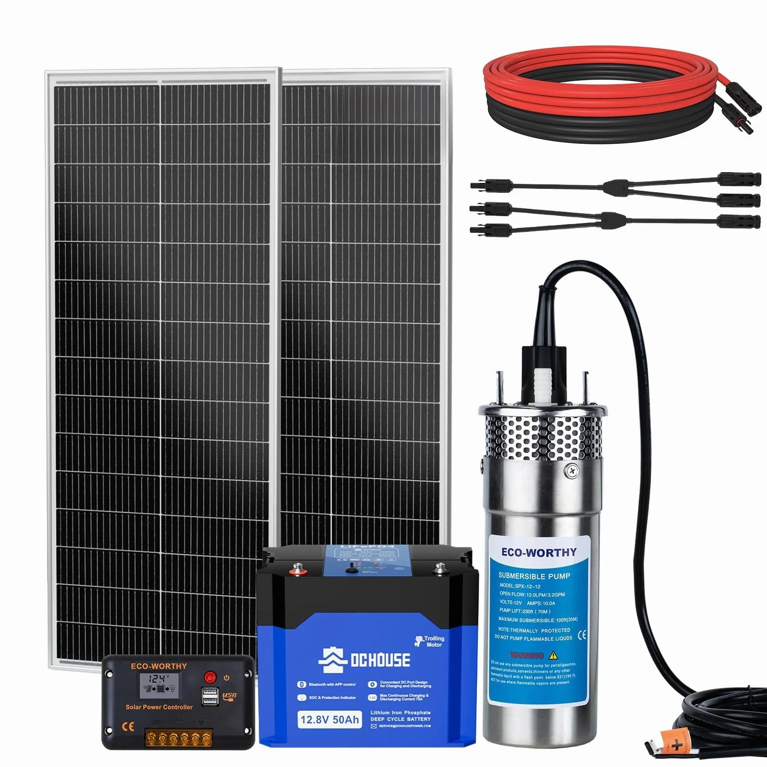 DCHOUSE Set di pompe dell'acqua a energia solare, 12V DC, pompa sommergibile con 2 pannelli solari mono da 120 W, batteria da 30Ah e controller da 20A, per fontane, stagno, casa, fattoria, acciaio