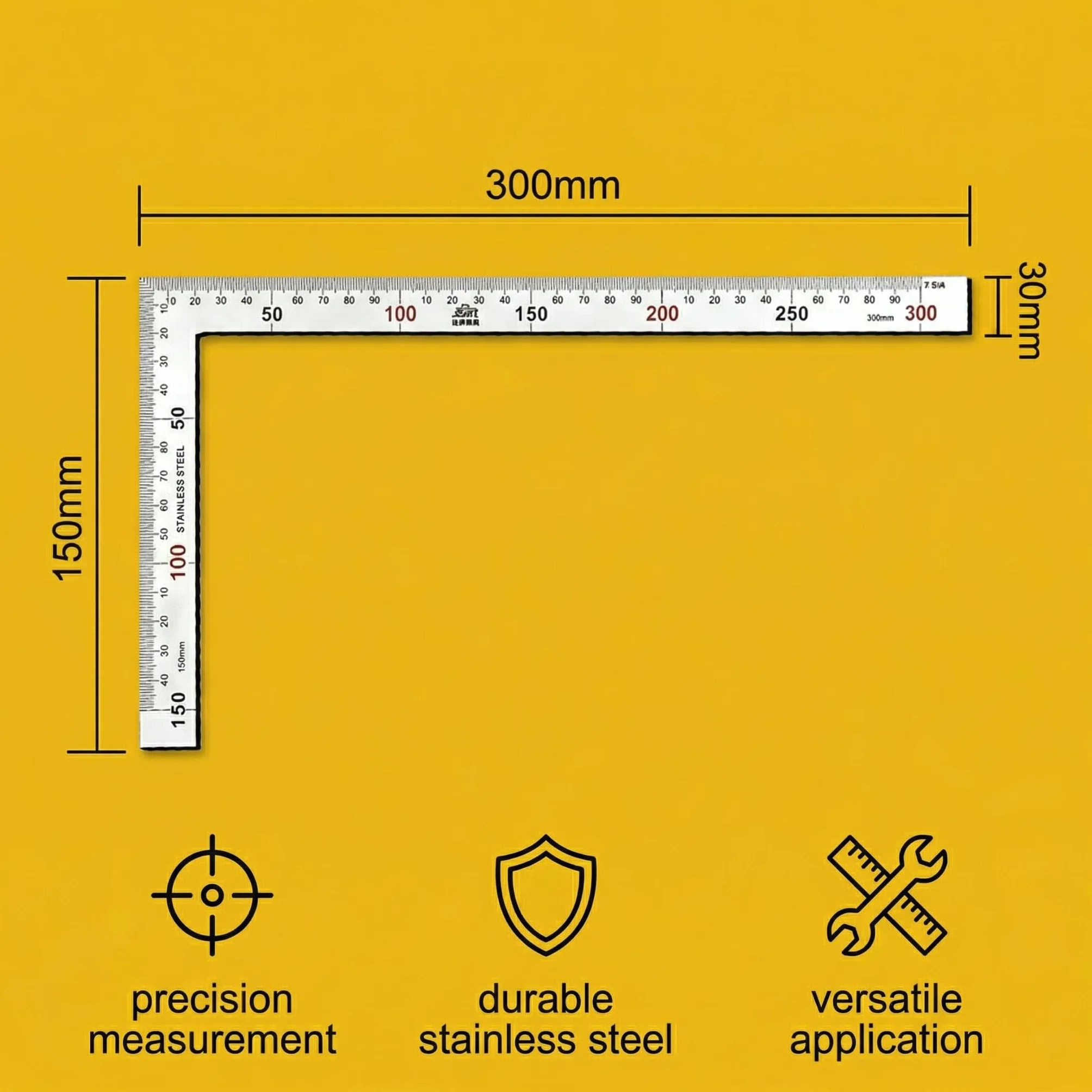Squadra Metallo Acciaio Inox 150x300mm 1 Pezzo Righello L Angolo Retto